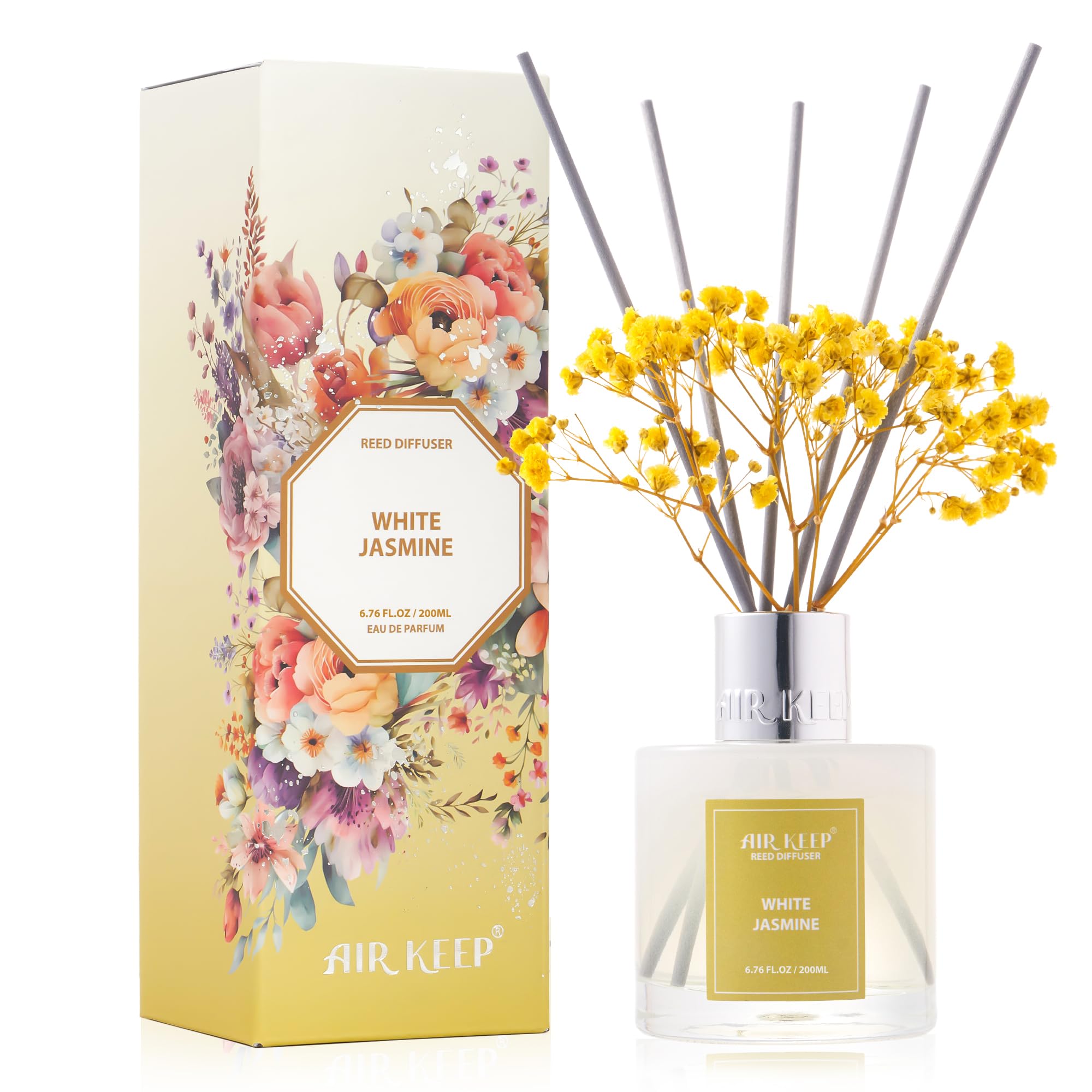 Airkeep Reed Diffuser Set,6.76 fl oz (200 ml) - White Jasmine Oil Diffusers with 8 Reed Sticks, Home Fragrance Reed Diffuser for Bathroom Shelf Decor
