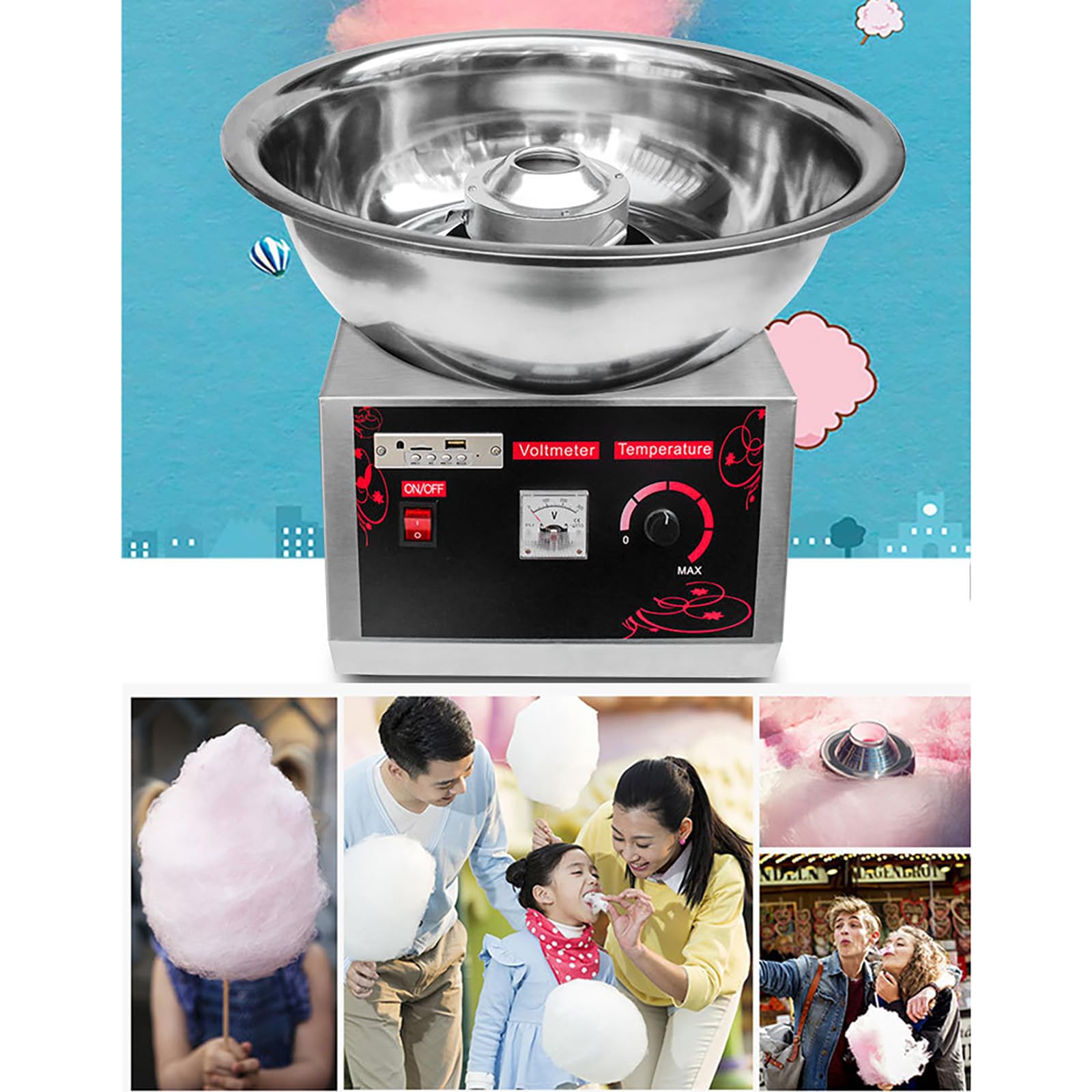 Machine à coton professionnelle 1000 W pour barbe à papa électrique commerciale en acier inoxydable grand espace de rangement avec USB pour salle à manger, fête d'anniversaire, festival