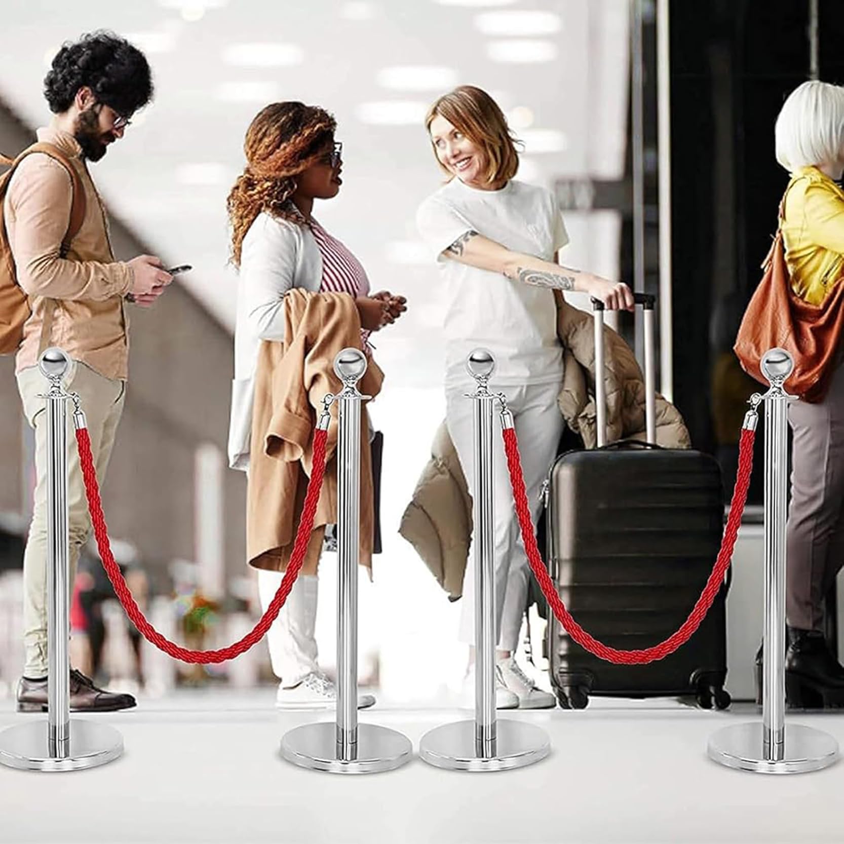 Corde de Guidage torsadée avec Crochet argenté, Lot de 4, Longueur Ajustable de 60 à 305 cm pour Clubs, hôtels, banques, hôpitaux - 120 cm