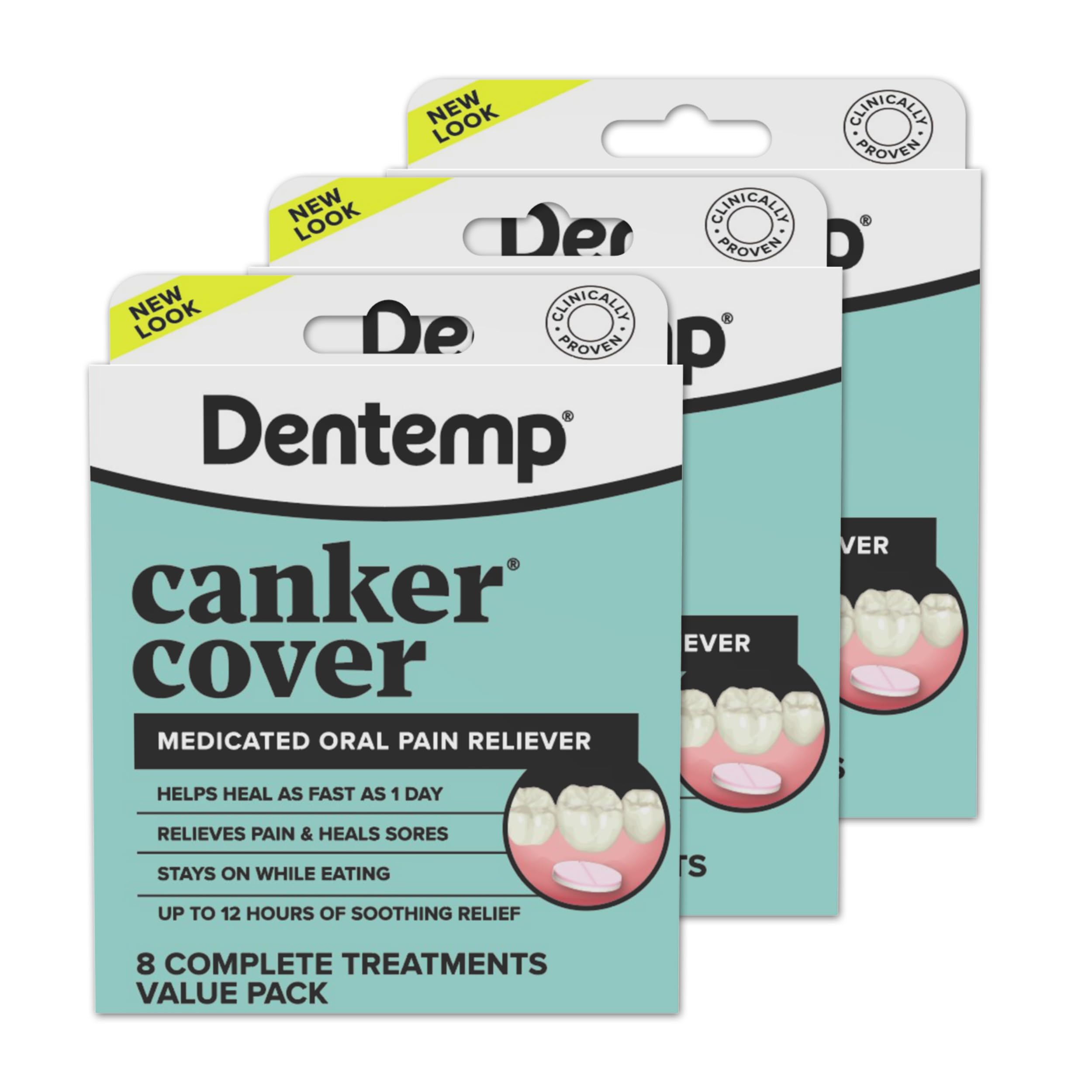 Dentemp Canker Cover Mouth Sore Treatment - Oral Pain Relief for Canker Sores &amp; Mouth Irritation - Fast-Acting Pain Relief Tablets for Adults - Value Pack of 3 (24 Count)