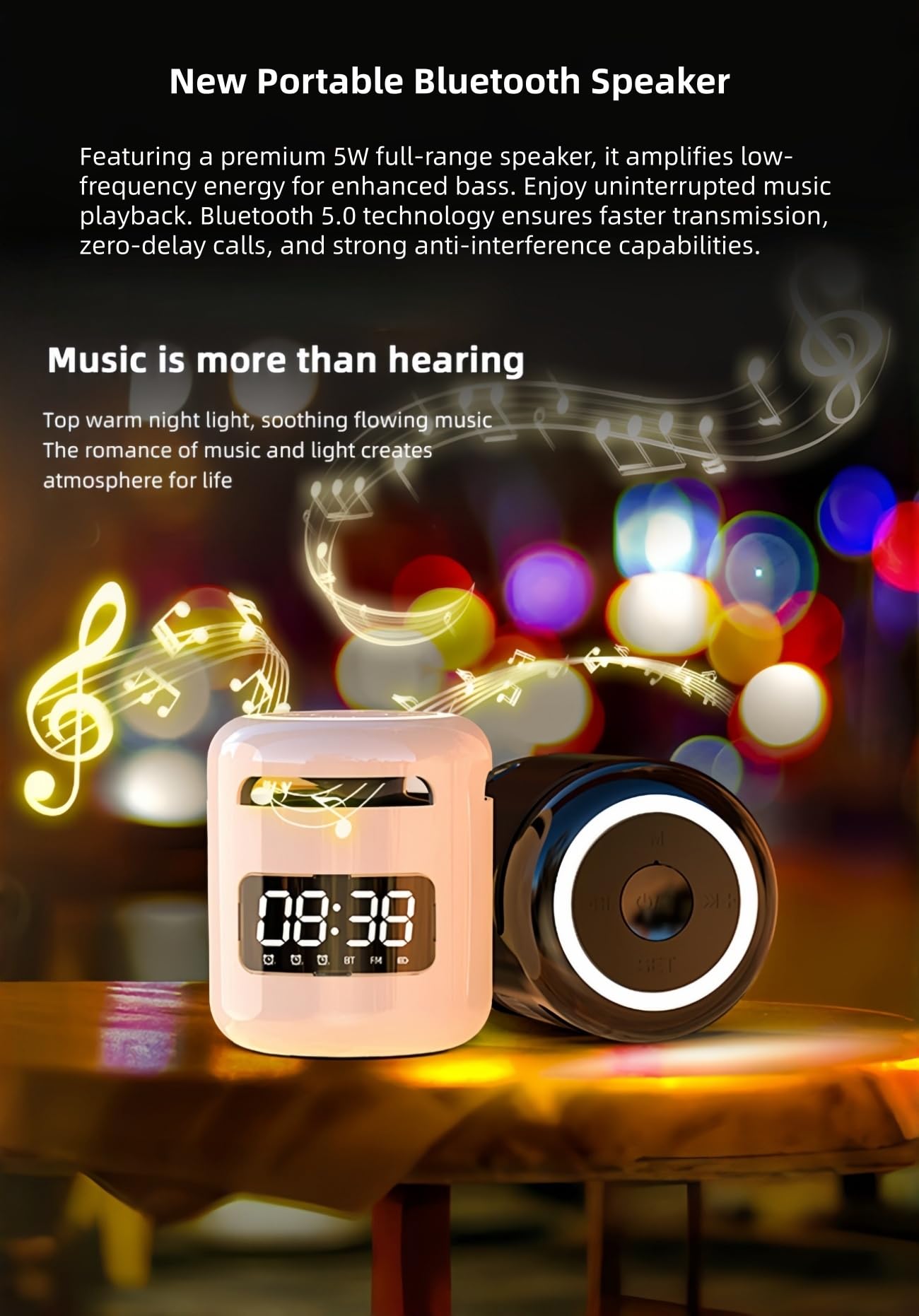 Sveglia Bluetooth ricaricabile, subwoofer portatile Hi-Fi per esterni, cassa acustica compatta con radio FM, audio da viaggio per casa o campeggio (Black)