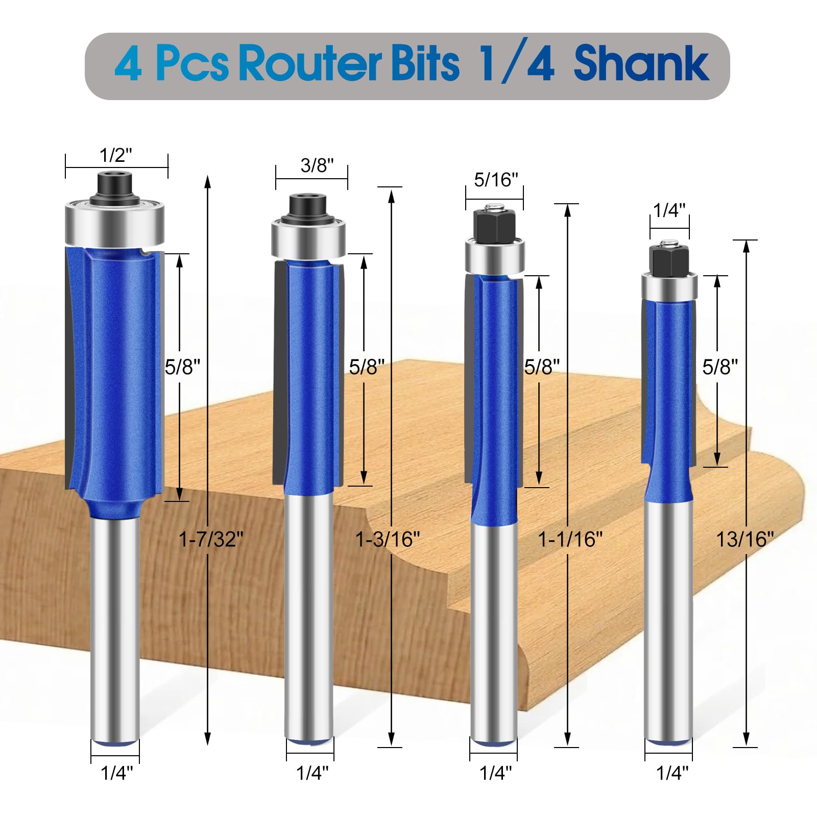 Obere Lagerfräsen-Bit, 1/4-Zoll-Schaft, gerader bündiger Schnitt, 4-teiliges Hartmetall-Fräser-Bits für Holzbearbeitung, Musterfräser, bündiges Trimmen, ideal zum Trimmen von Laminaten