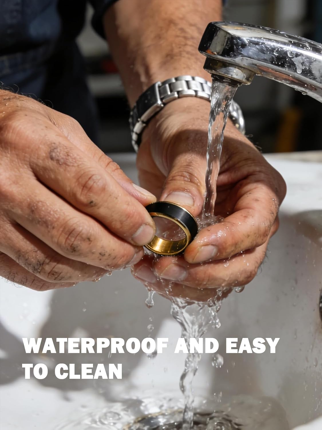 NUNCAD Tungsten Rings for Men Blue Collar Workers Wedding Band - Scratch Resistant，Comfort Fit, 8mm, Black and 14K Gold Plated, Matte Finish, Beveled Edges - Image 5