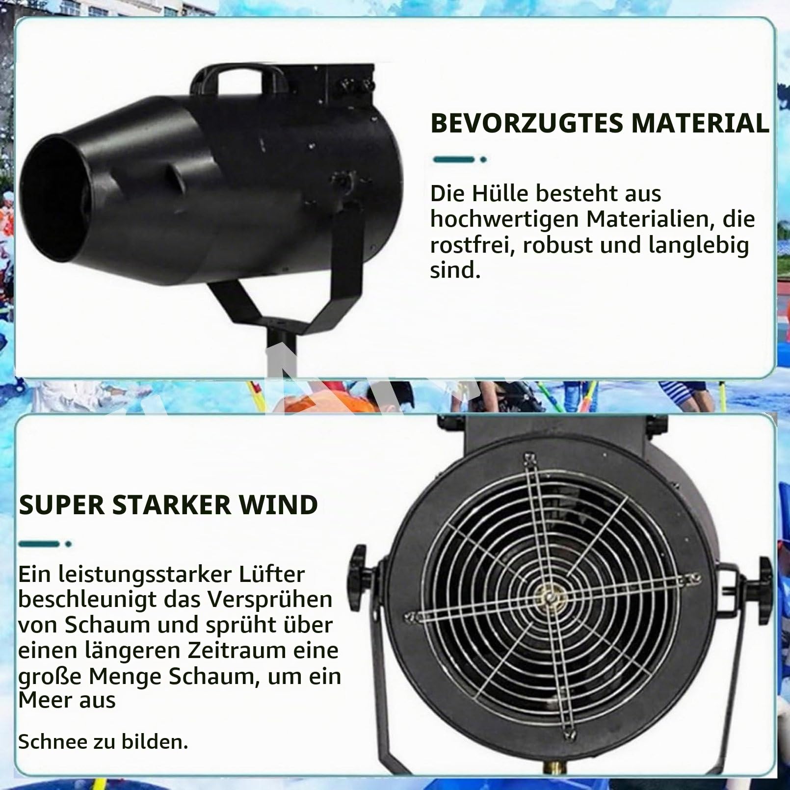 1000W Party-Schaummaschine für den Außenbereich, Schaumkanone, Entfernung 6-10M/Fläche 80M, Einstellbarer Winkel, Bühneneffekt, für Kinderfeste und Geburtstage