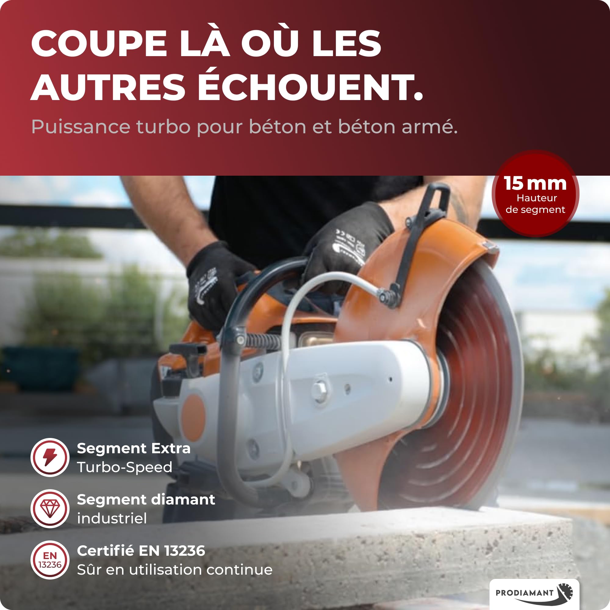 PRODIAMANT Pro15 Disque diamant béton Ø 350 mm x 20 mm segments 15 mm coupe rapide longue durée professionnel scie de sol