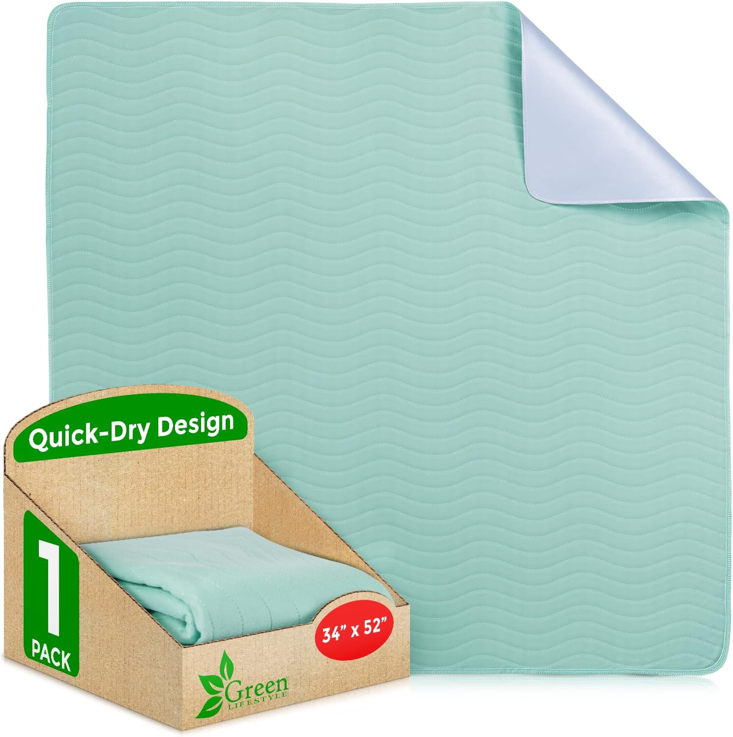 GREEN LIFESTYLE® Washable Underpads - Heavy Absorbency Reusable Bedwetting Incontinence Pads for Kids, Adults, Elderly, and Pets - Toddler Mattress Pads for Bed, Sofa, Floor (Pack of 1 - 34x52) Blue/Green 1 Pack - 34x52