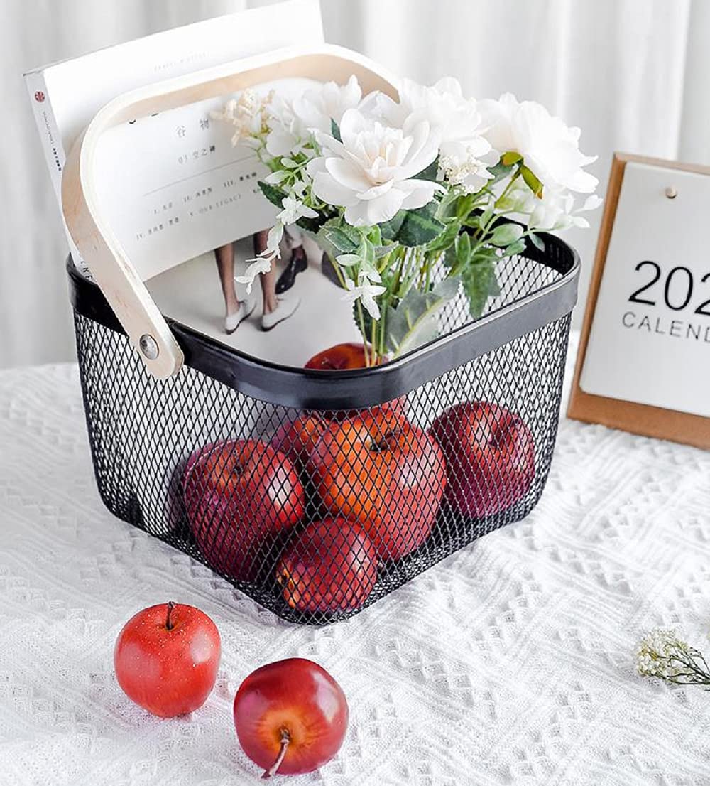 Luximal Multipurpose Metal Storage Organizer Fruit Basket with Handle, Vegetable Storage Basket, Hanging Garden Basket with Wooden Handle for Kitchen, Dining Table, Bathroom and Cabinet ( 25 x 25 x 18 CM, Black )