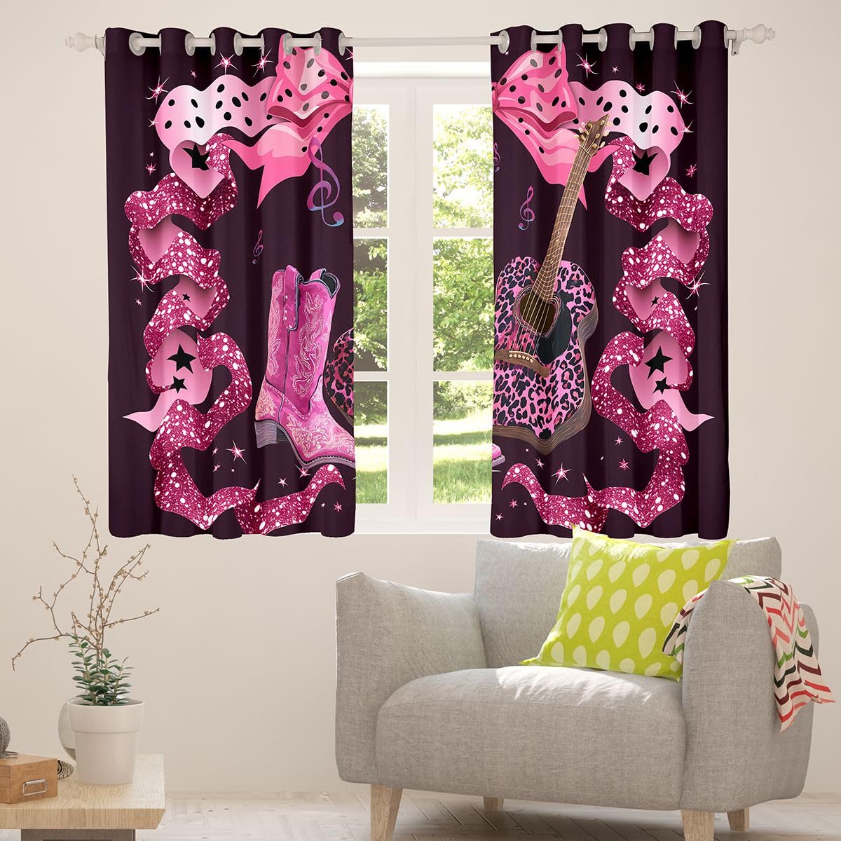 Homewish Tende oscuranti rosa con cowgirl occidentale, 132 x 160 cm