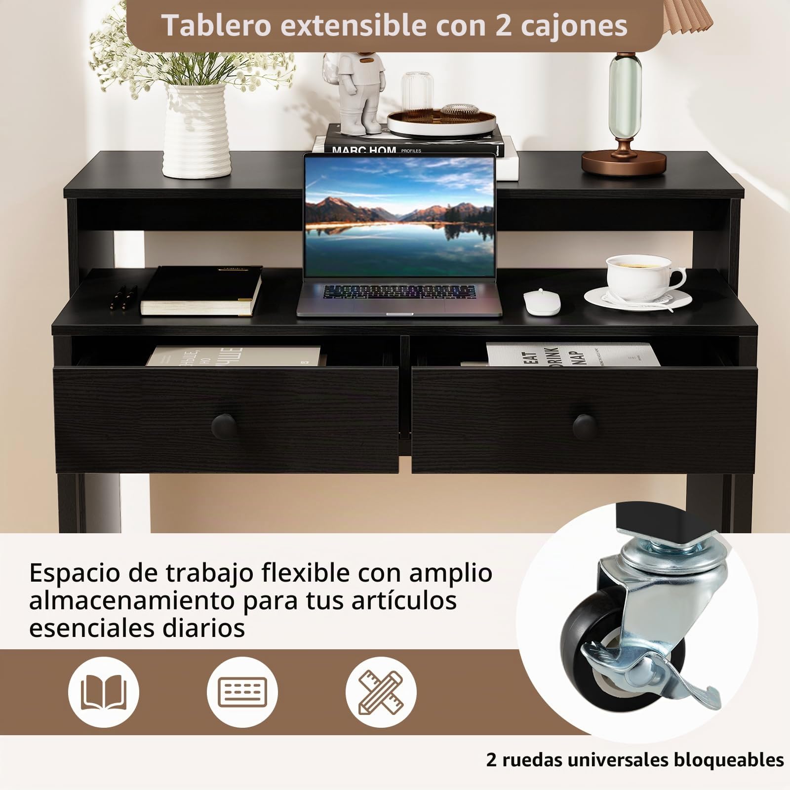 GIANTEX Escritorio de Ordenador con Tablero Extensible, 100 x 63 x 88 cm, 2 Cajones de Almacenamiento y Estante Abierto, Diseño Compacto con Ruedas, Mesa de Trabajo para Dormitorio, Oficina (Negro)