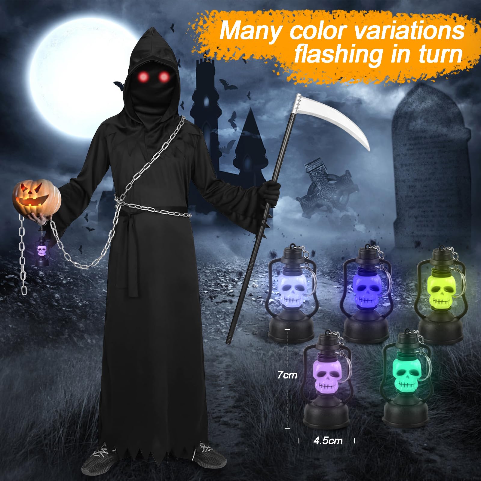 Halloween Grim Reaper Costume Kids Boys 10-11 11-12 Grim Reaper Cloak Black Cape Grim Reaper Scythe Halloween Kids Death Costume Ghost Face Robe Grim Reaper Gloves Glowing Eyes Grim Reaper Accessories - Image 4