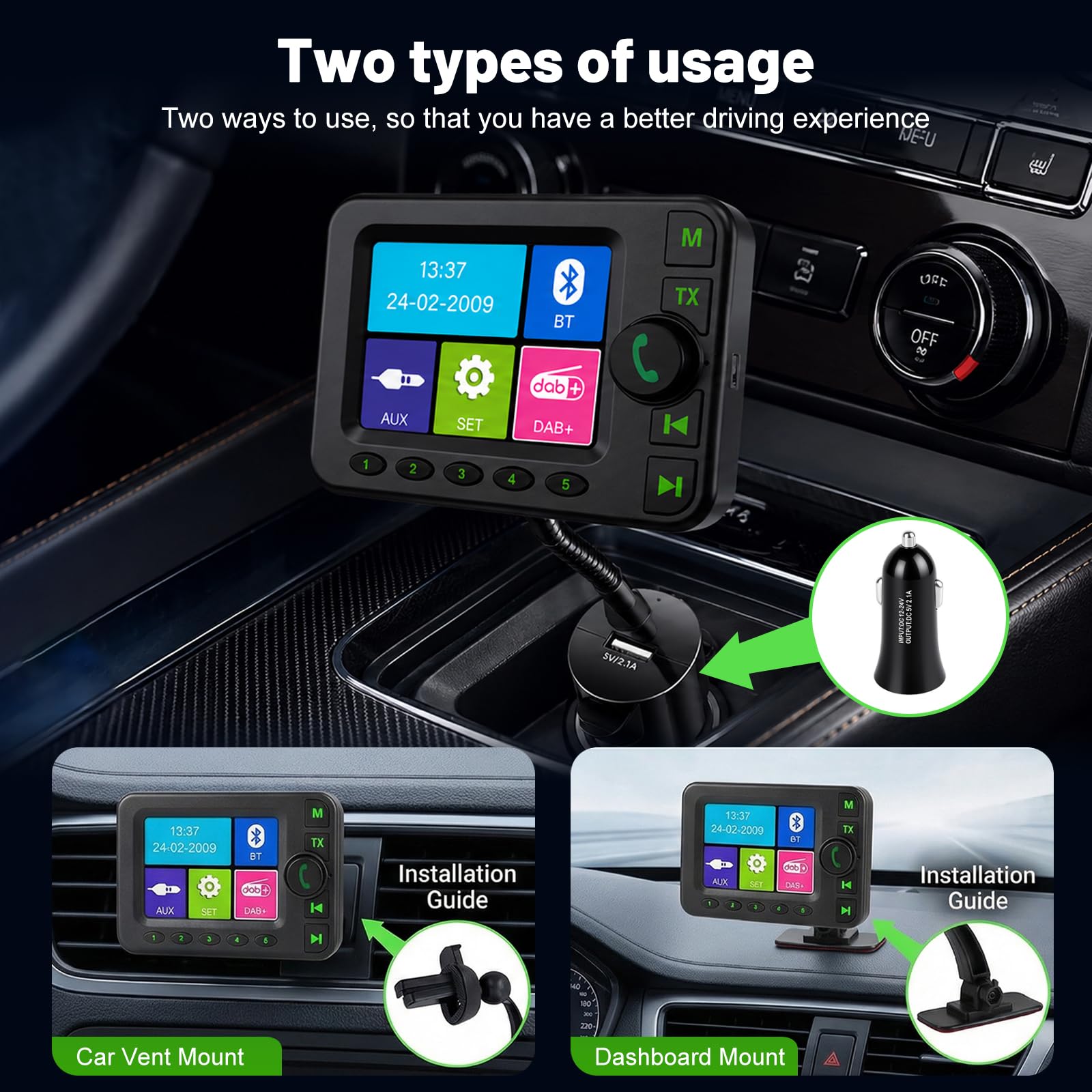 Adaptateur Radio Numérique Dab Dab+ avec 10 Touches de Fonctions Rapides pour autoradio - Écran LCD 2,8 Pouces avec Bluetooth Musique - Lecteur de Musique Dab Adaptateur récepteur Aux Entrée/Sortie