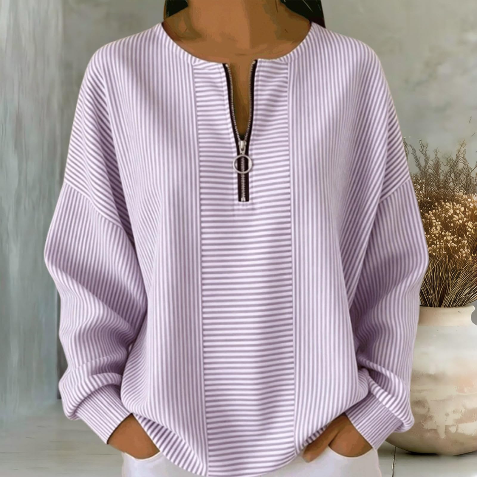 Tee Shirt Femme Manches Courtes Haut Chic Et Elegant Blouse Top Haut rayé en de Saison Coupe décontractée Manches Longues Fermeture éclair partielle et col Rond Disponible en Grandes