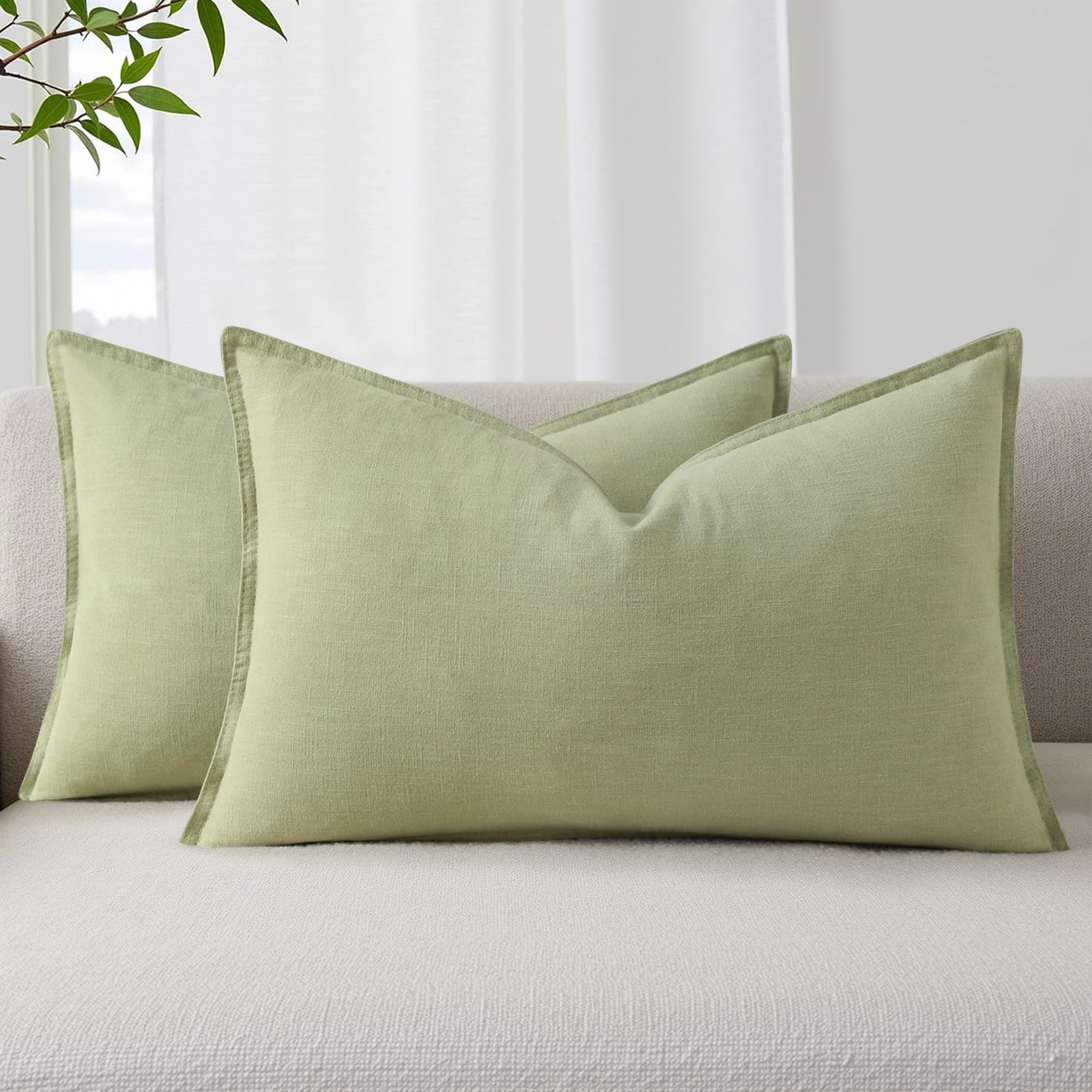 decorUhome Fall Sage Green Linen Throw Pillow Covers 12x20 Set of 2