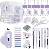 Colarr Mini Office Supply Kit Includes Stapler Tape Dispenser Staple Remover Paper Clips Scissor Staples Pen Sharpener Note Small Telescopic Knife for Office and School Clerk Student (Purple)