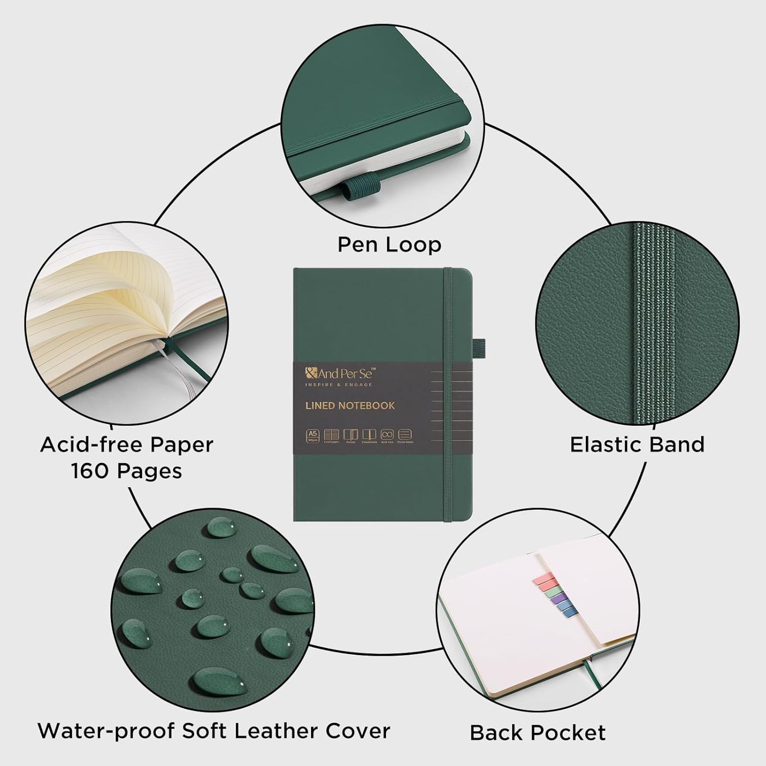 &And Per Se 10-Pack Lined Notebooks, A5 Hardcover, 160 Pages 100gsm Thick Paper, Office Supply Bulk Order, Corporate New Hire Kits, Breakroom Essentials – College Ruled, 10 Units (Green)