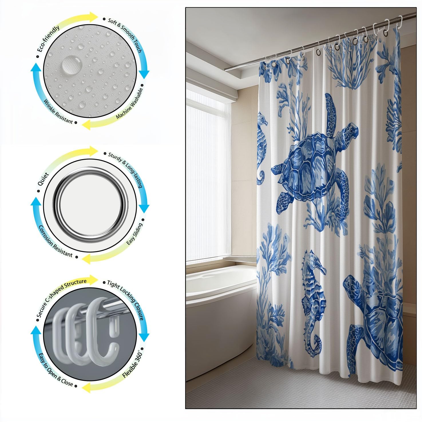 Generico Fantasia Tenda Da Doccia Calmo Mondo sottomarino Blu Bianco, Tenda Da Doccia Per Bagno, Vasca Da Bagno, Tenda In Poliestere Impermeabile Con Ganci In Plastica, 180 x 180 cm