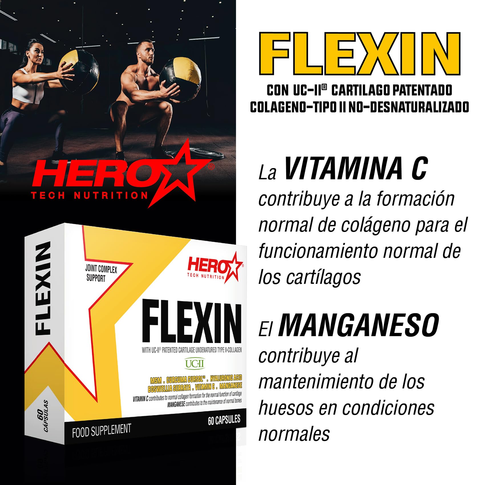 HERO TECH | FLEXIN 60 caps. | Apoyo a la Salud de Articulaciones | Con Colágeno, Cartílago y MSM | 7 ingredientes activos para mejorar la salud articular y regenerar el tejido conectivo | Sin OGM