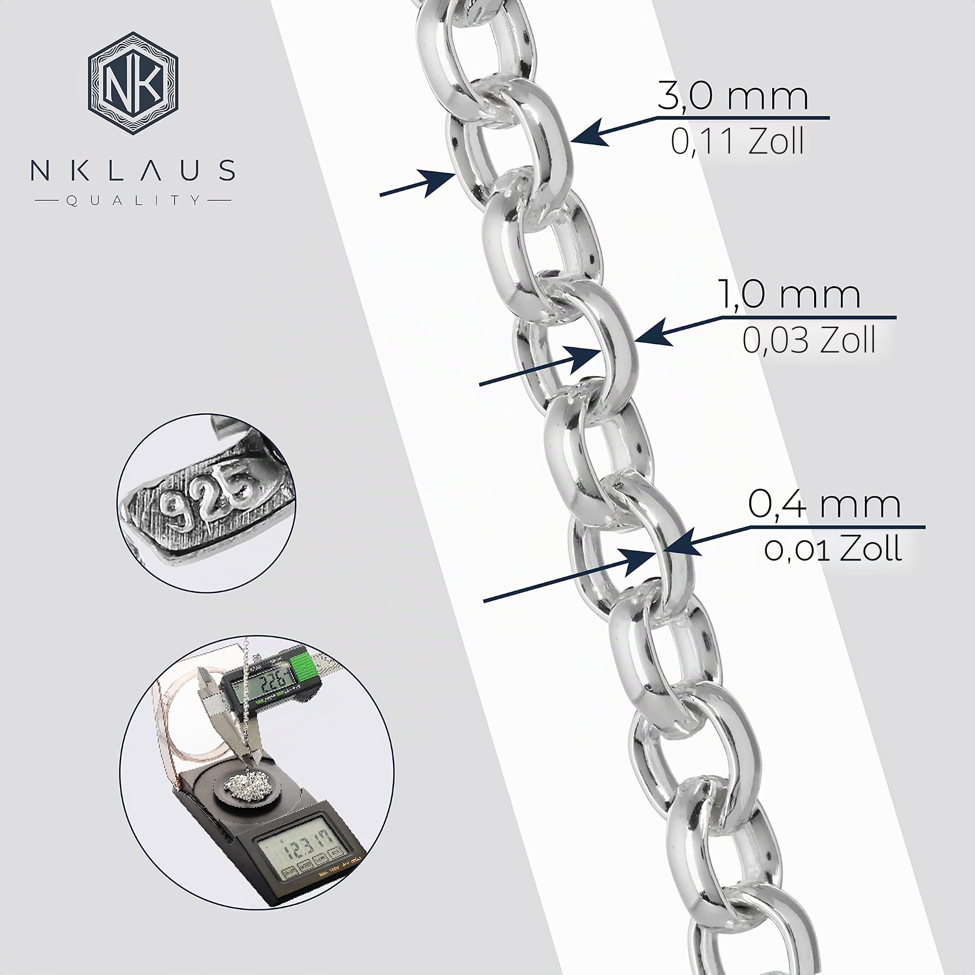 NKlaus Erbskette aus echtem 925 Sterlingsilber, 3,00mm breit
