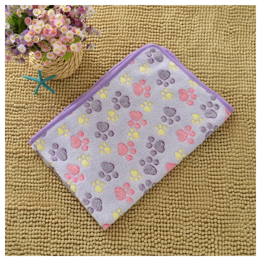 Hrlace Pet Blanket, Dog and Cat Blanket, Fuzzy Soft Pet Mat, Soft Fluffy Fleece Puppy Blanket, Cute Paw Pattern, Guinea Pig for Small, Medium Pets, 1 Piece, Purple, M