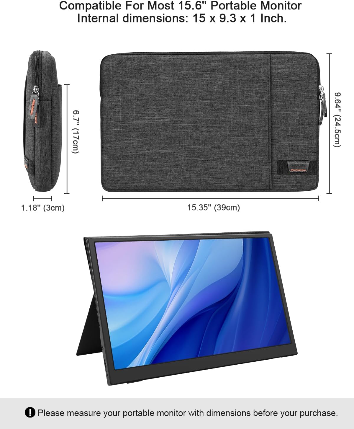 Portable Monitor Case 16.1 Inch,Protective Padded Sleeve Compatible with Arzora Uperfect AOC KYY 15.6-16.1" Portable Monitor,Travel Bag with 2 Accessory Pocket,Size-15.7"x10.2",Black - Image 5