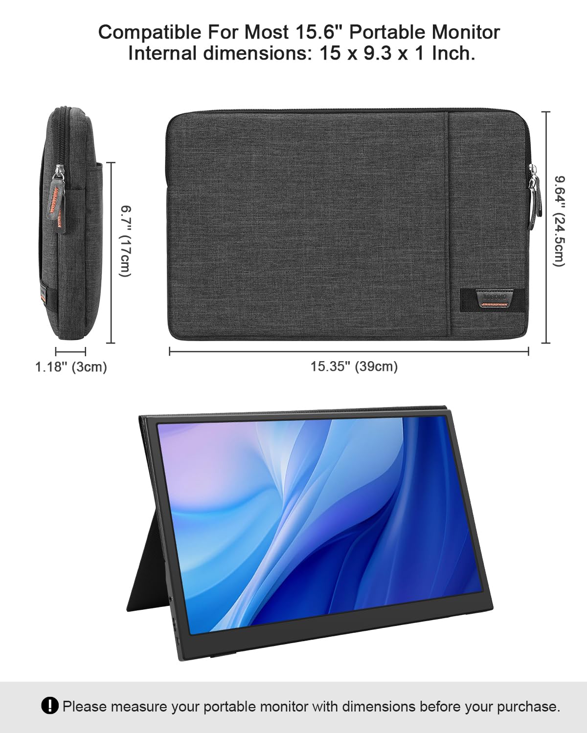 Lacdo 15.6 inch Monitor Laptophoes voor voor de meeste 15.6 inch Portable Monitor, Computer Laptop display Externe monitoren Draagbare Monitor Waterbestendige Draagtas met Accessoirevak, Grijs