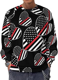 Firefighter Thin Line American Flag Heart Men's Sweatshirts Basic Crew Neck Long Sleeve Pullover Sweater Tees Tops