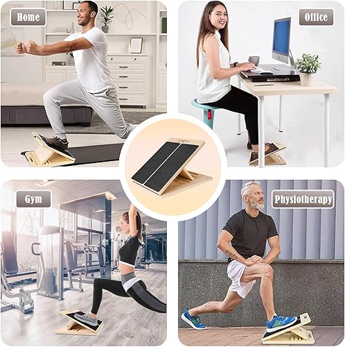 Miniatura 4 de Tabla inclinada de madera para estiramiento de pantorrillas, tabla elástica ajustable de pantorrilla con póster de entrenamiento y bandas de
