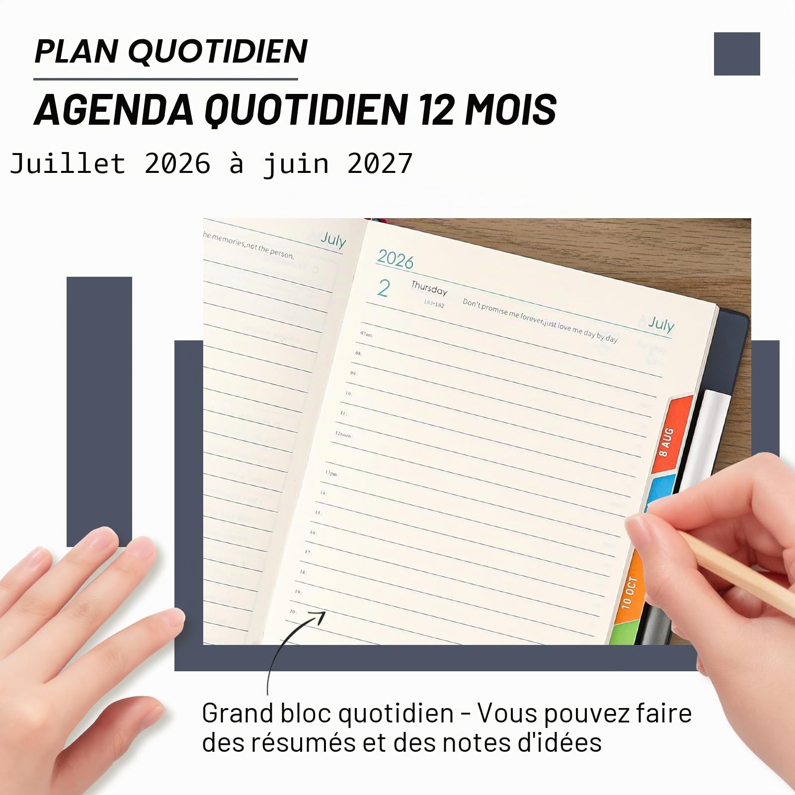 Agenda académique 2026-2027 A5 un jour par page, planificateur journalier, agenda 2026-2027 du 1er juillet 2026 au 30 juin 2027, agenda 12 mois, agenda quotidien avec couverture rigide, stylo, anneau