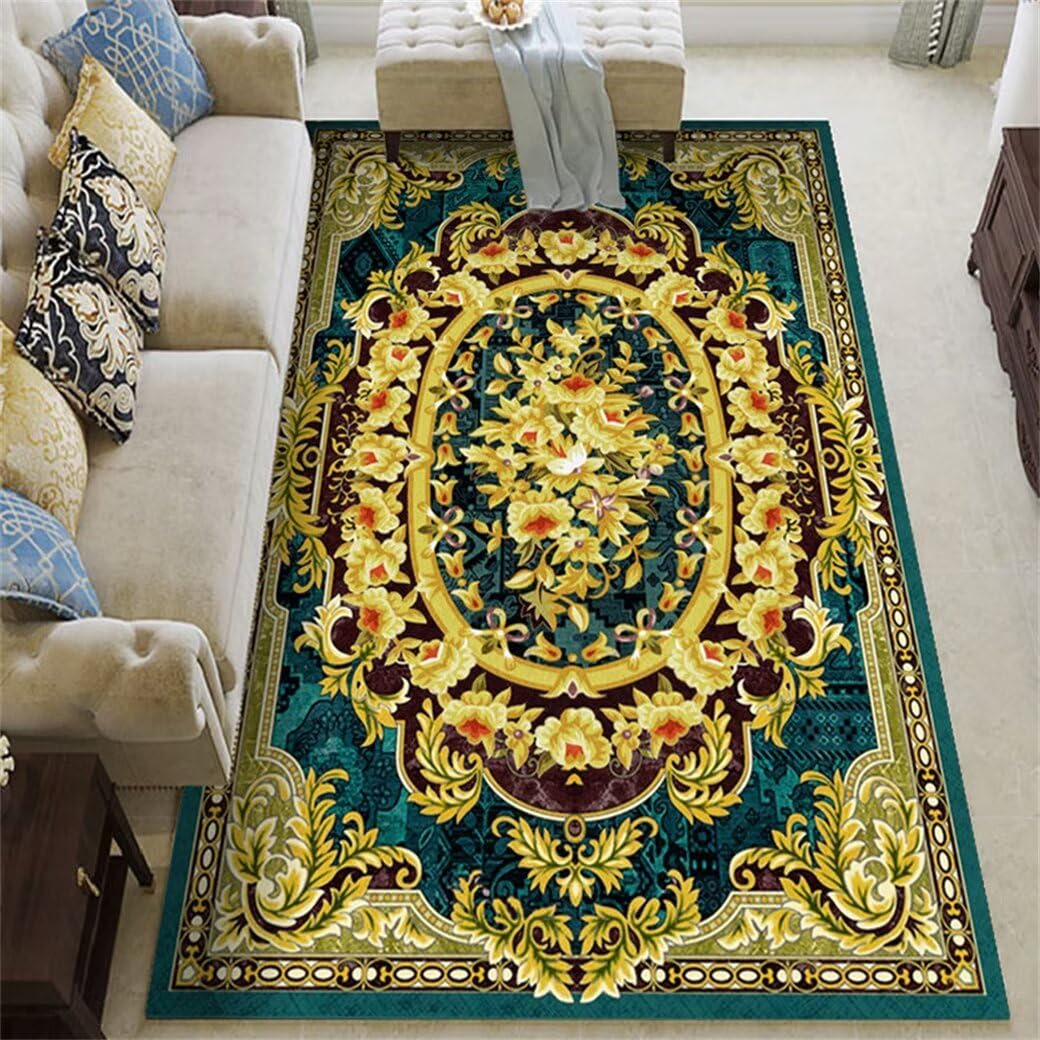 Tapis chambre enfant jaune floral 70x140cm anti-glisse et doux