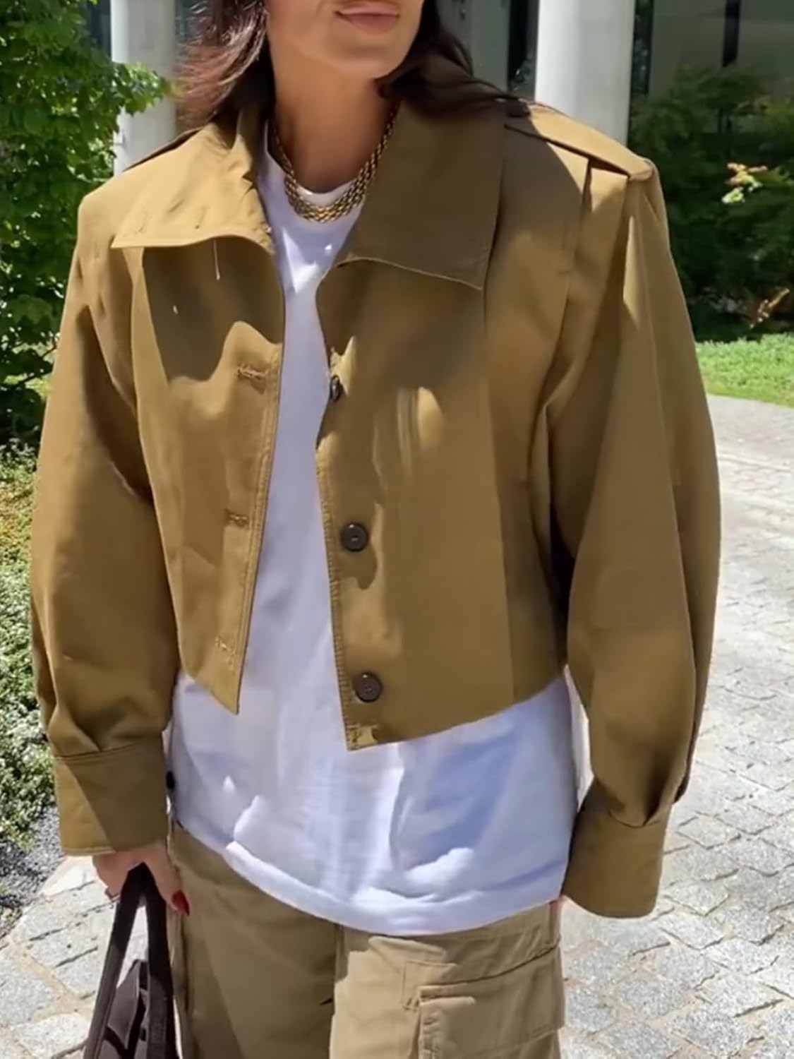 Women's Cropped Pleated Jacket Long Sleeve Collared Button Down Casual Short Trench Coat Spring Fall Outerwear - Image 2