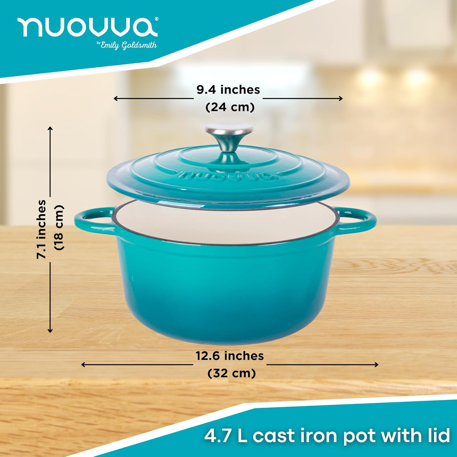 Cast Iron Dutch Oven with Lid – Non-Stick Ovenproof Enamelled Casserole Pot – Sturdy Dutch Oven Cookware – Teal, 5-Quart, 24cm – by Nuovva - Image 2