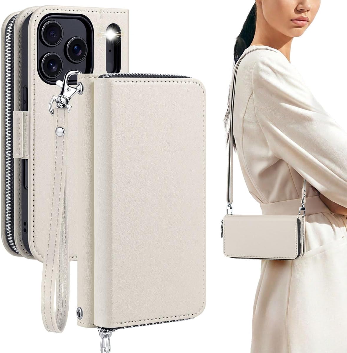 OCASE for iPhone 17 Pro Max Crossbody Wallet Case - Stylish PU Leather Handbag Phone Purse with Zipper Closure, 10 Card Slots & RFID Blocking - Wrist Strap, Lanyard, Kickstand - Cream Cream iPhone 17 Pro Max