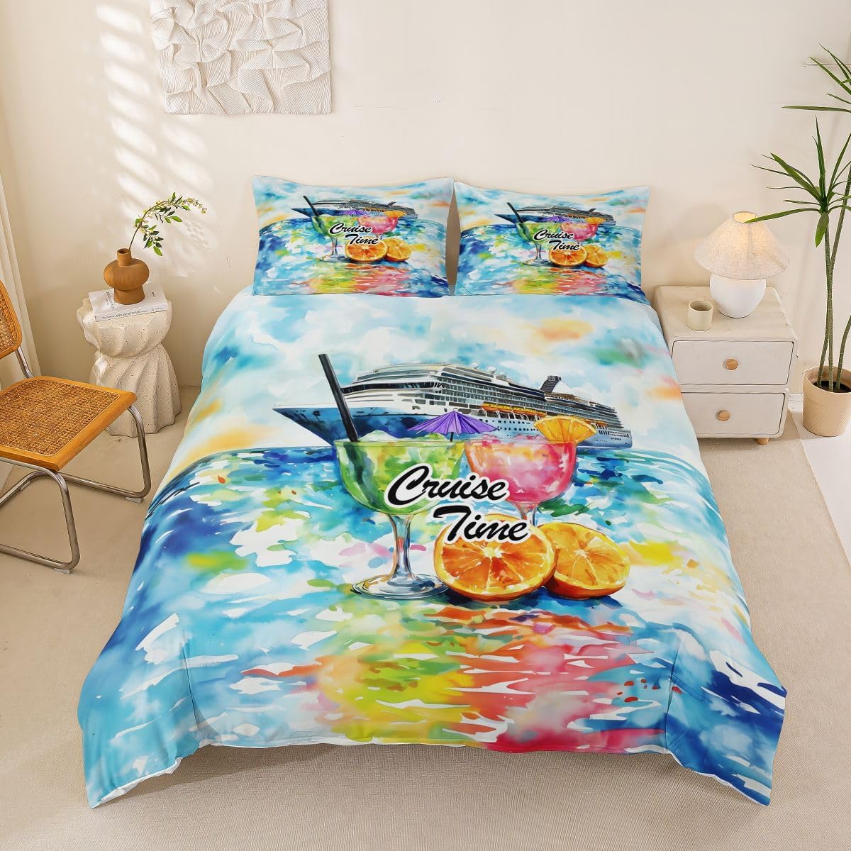 Summer Drink Duvet Cover Set,Vacation Casua Comforter Cover Toddler Size Watercolor Oil Painting 2 Pcs Bedding Set with Zipper Ties for Kids Boys Girls Bedroom Decor(No Comforter),Blue Pink