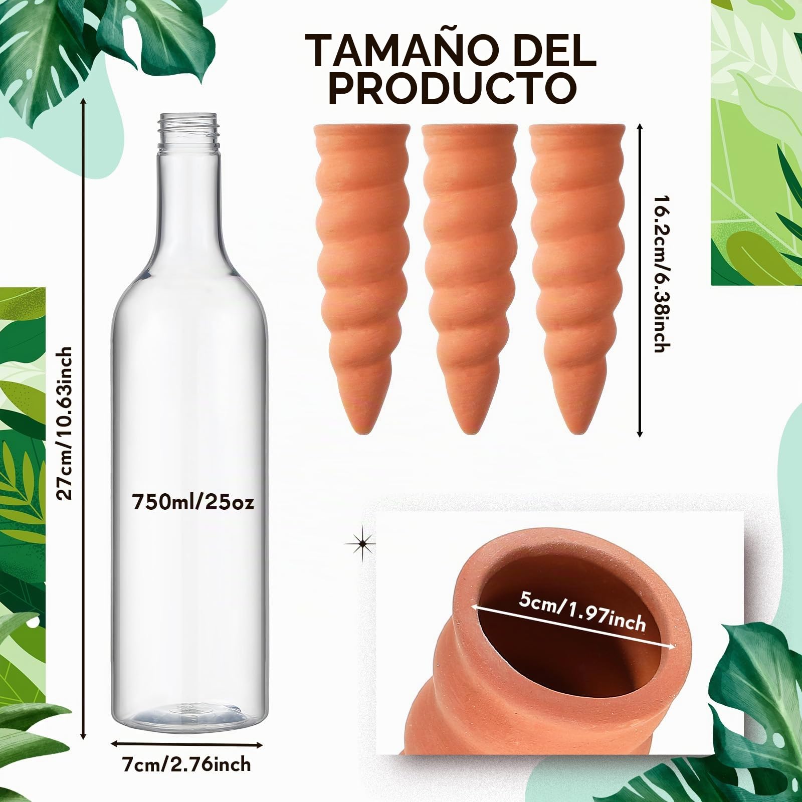 Geiserailie 4 Sets Dispositivos de Riego Automático para Plantas Riego de Conos de Arcilla de Terracota con Botellas de 750 ml Pico de Riego de Arcilla de Liberación Lenta para Macetas Vacaciones