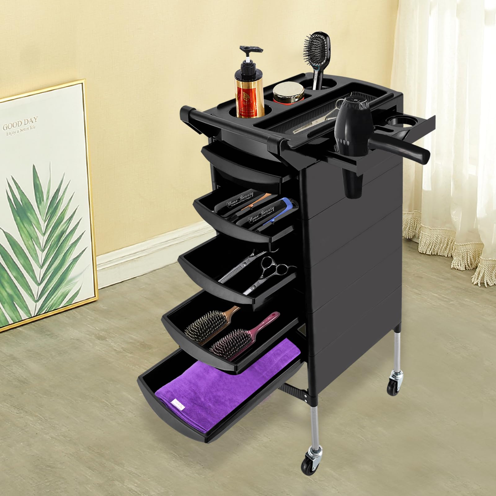 Chariot de coiffeur 6 étages 5 tiroirs 4 roues pour salon de beauté