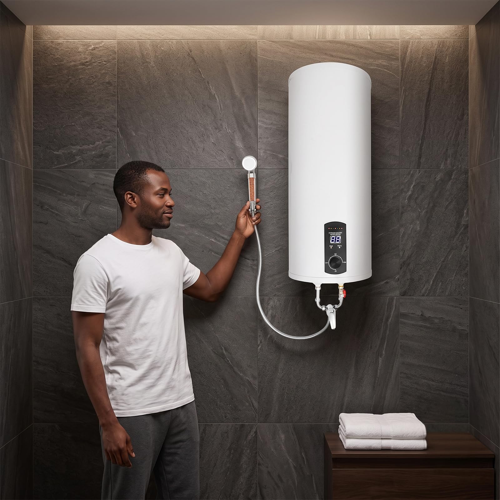 Scaldabagno 60 l, 2000 W, indicatore di temperatura, 25-75 °C, bianco | Con doccetta, rubinetto e 3 tubi, montaggio a parete verticale, connettore G1/2 e spina UE per bagno, cucina e salone