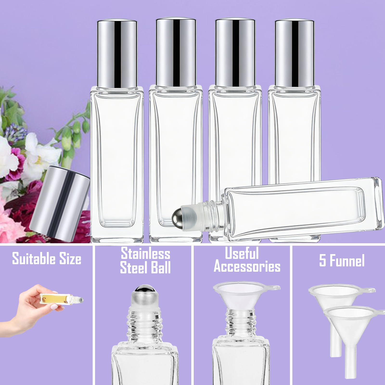 Rollerflaschen für ätherische Öle, 10 ml, Glasrollerflaschen mit Edelstahl-Rollkugeln, leere Flaschen, auslaufsicher, Roll-on-Flaschen mit 5 Trichtern für Reisen, Parfüm, ätherisches Öl