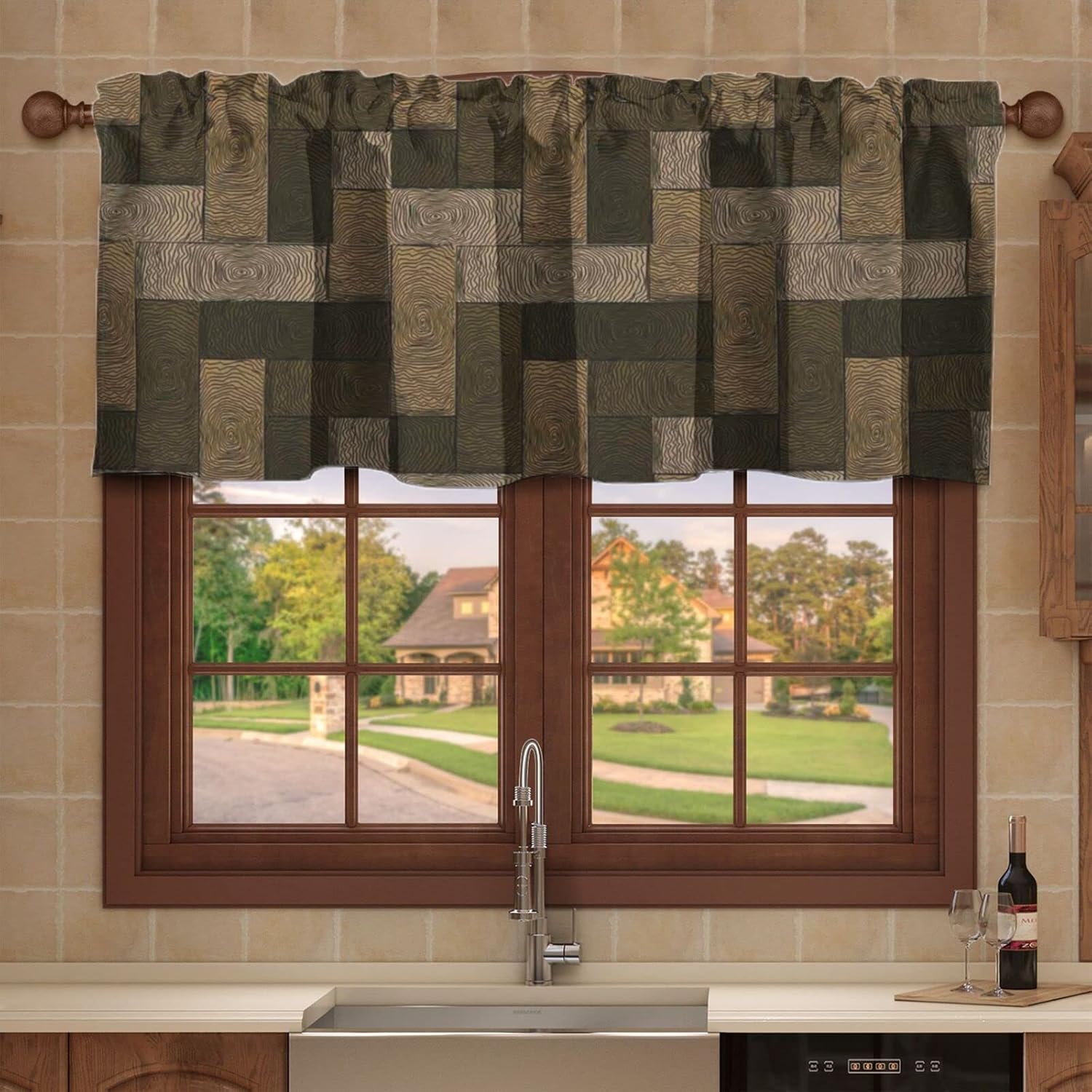 Nature Theme Valance Curtain,Geometric Pattern Kitchen Curtains Rod Pocket Window Treatment Valance for Bathroom Basement,Brown Beige,60 x 18 in