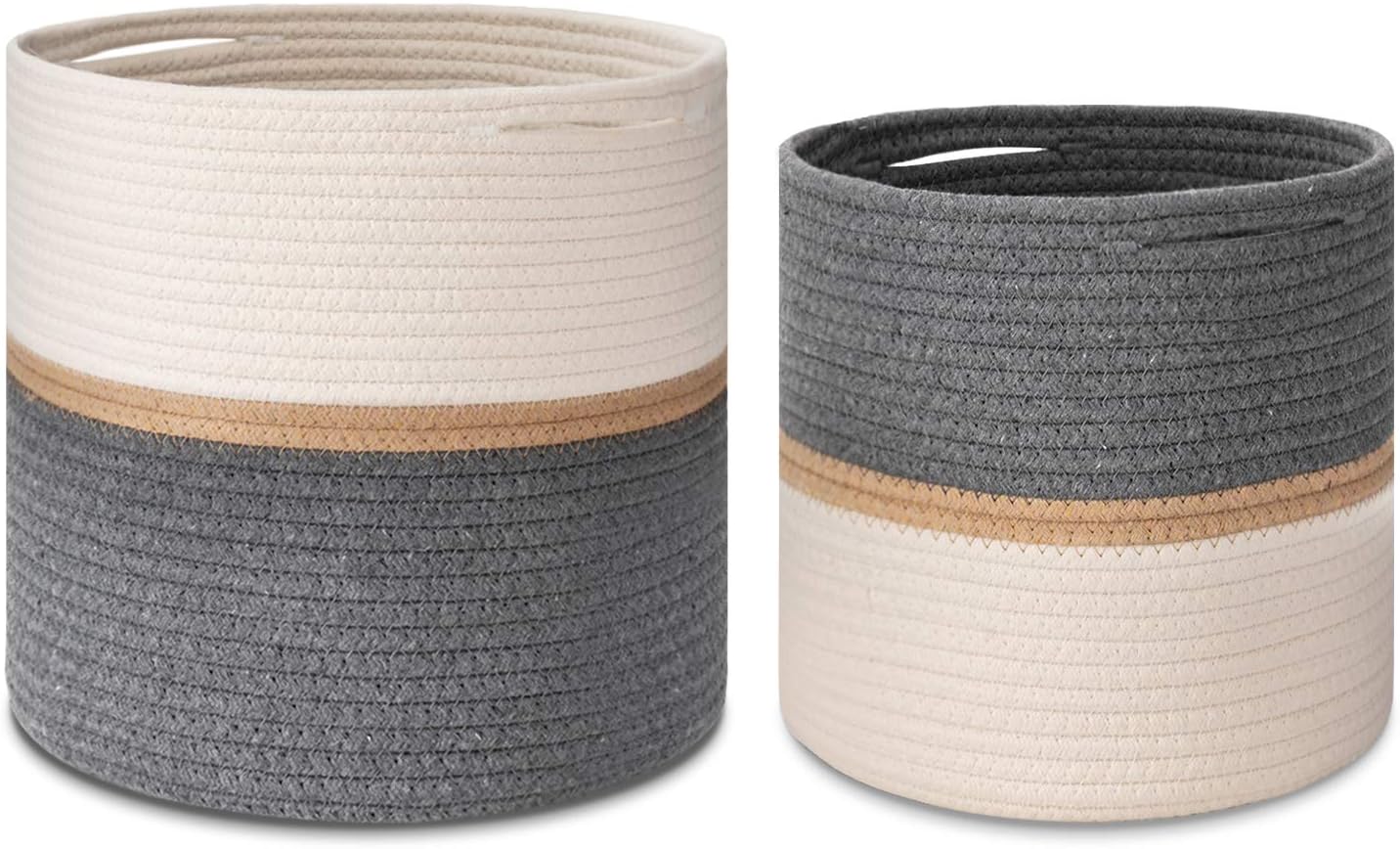 joybest 2-Pack Cotton Rope Plant Basket Woven Indoor Planters for Indoor Plants | Storage Basket for Crafts, Toys, Towels and More (12"x12" & 10"x10", Dark Grey/Brown/White)