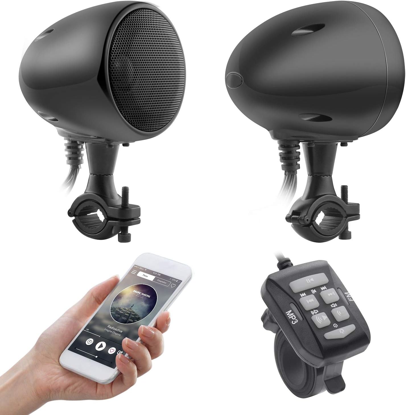 Aileap 300W All-in-One 3.5" Full Range Waterproof Bluetooth Motorcycle Stereo Speakers 7/8-1.25 in. Handlebar Mount w/AUX & Wired Control Music Player Audio Amp System Harley Touring Cruiser ATV UTV (Black)