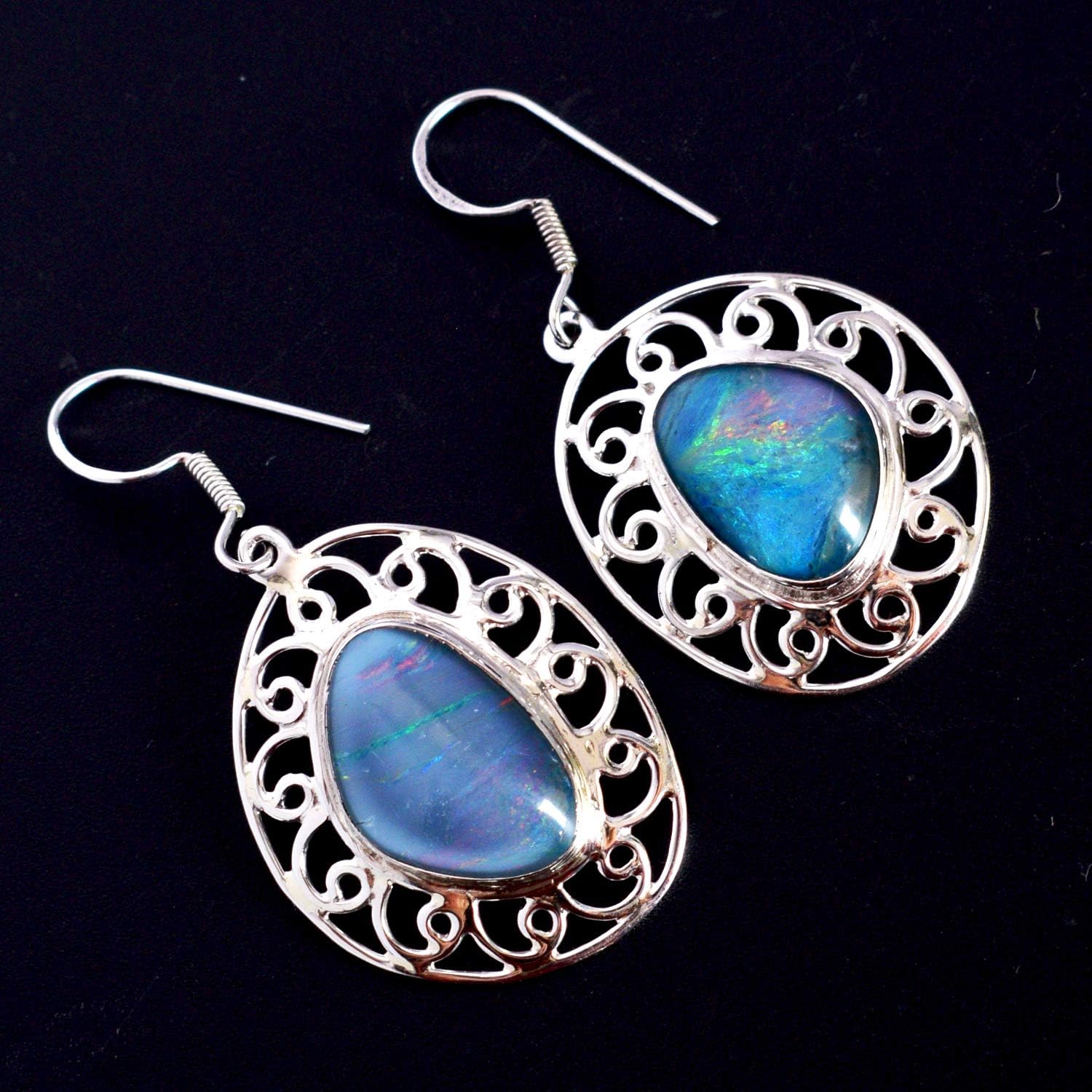 Natural Triplet Fire Opal Earrings in 925 Sterling Silver – Multicolor Fancy Cabochon Gemstone Jewelry, White Rhodium Plated Handmade Drop Dangle with Ear Wire Clasp, 7.8g Lightweight Gift