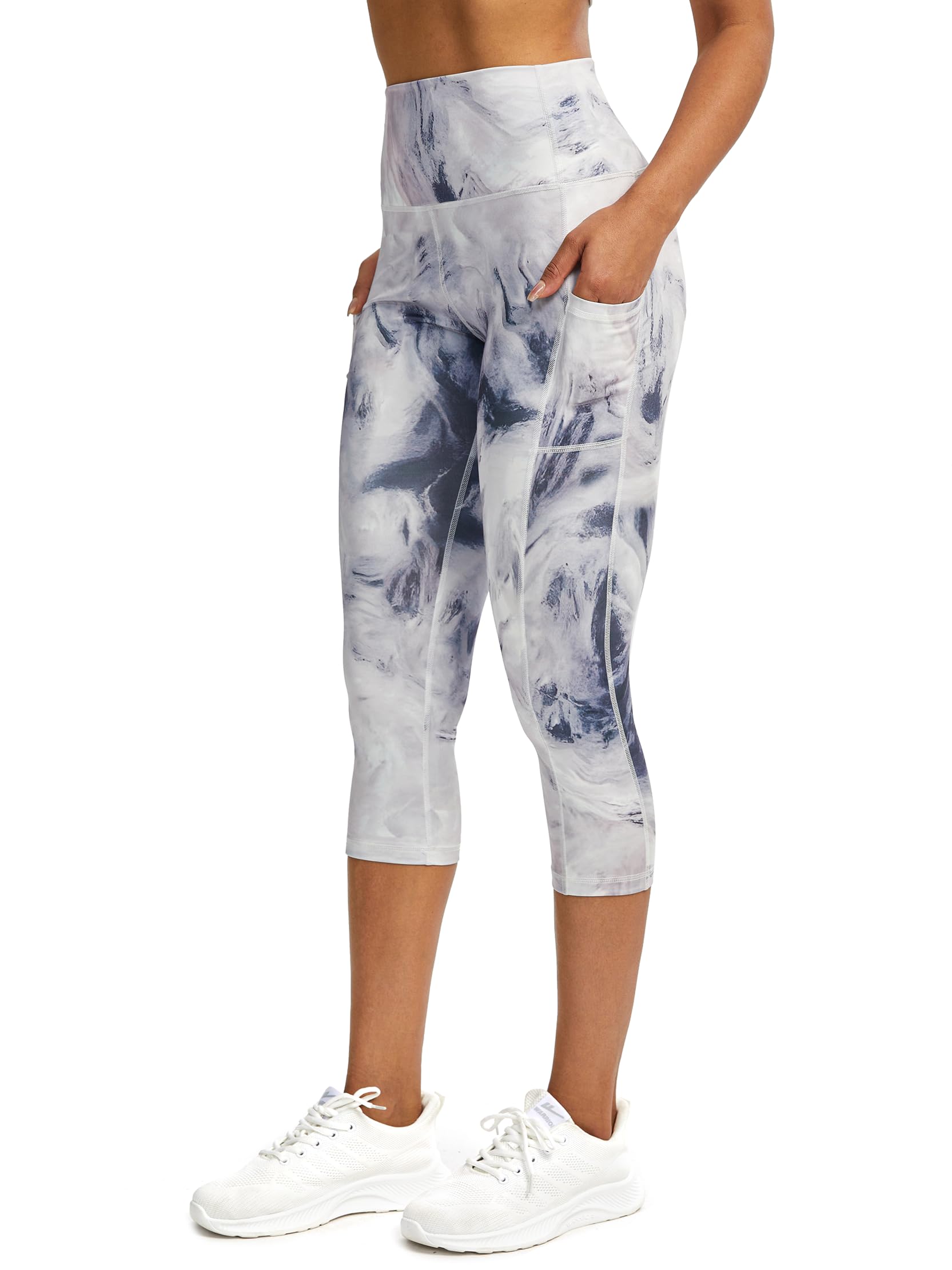 Sport Leggings Damen 3/4 Capri Leggings Damen mit Taschen, Sporthose Damen 3/4 Blickdicht Fitnesshose Laufhose Damen