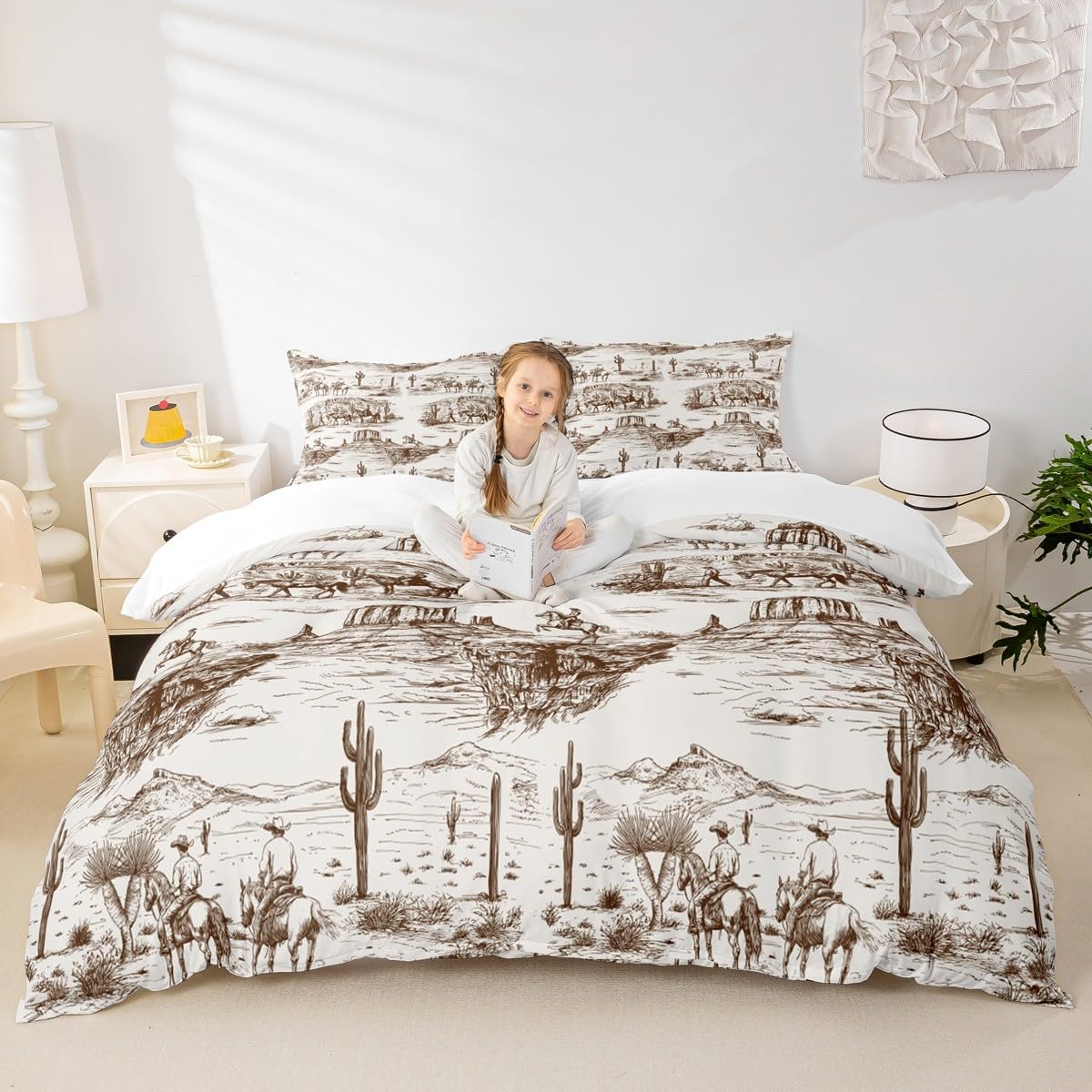 Western Cowboy Duvet Cover Set Queen Size Brown Sketch Desert Wild Horse Bedding Set 3Pcs for Kids Boys Men Girls Bedroom Decor Rustic Farmhouse Comforter Cover Animals Quilt Cover,2 Pillowcase