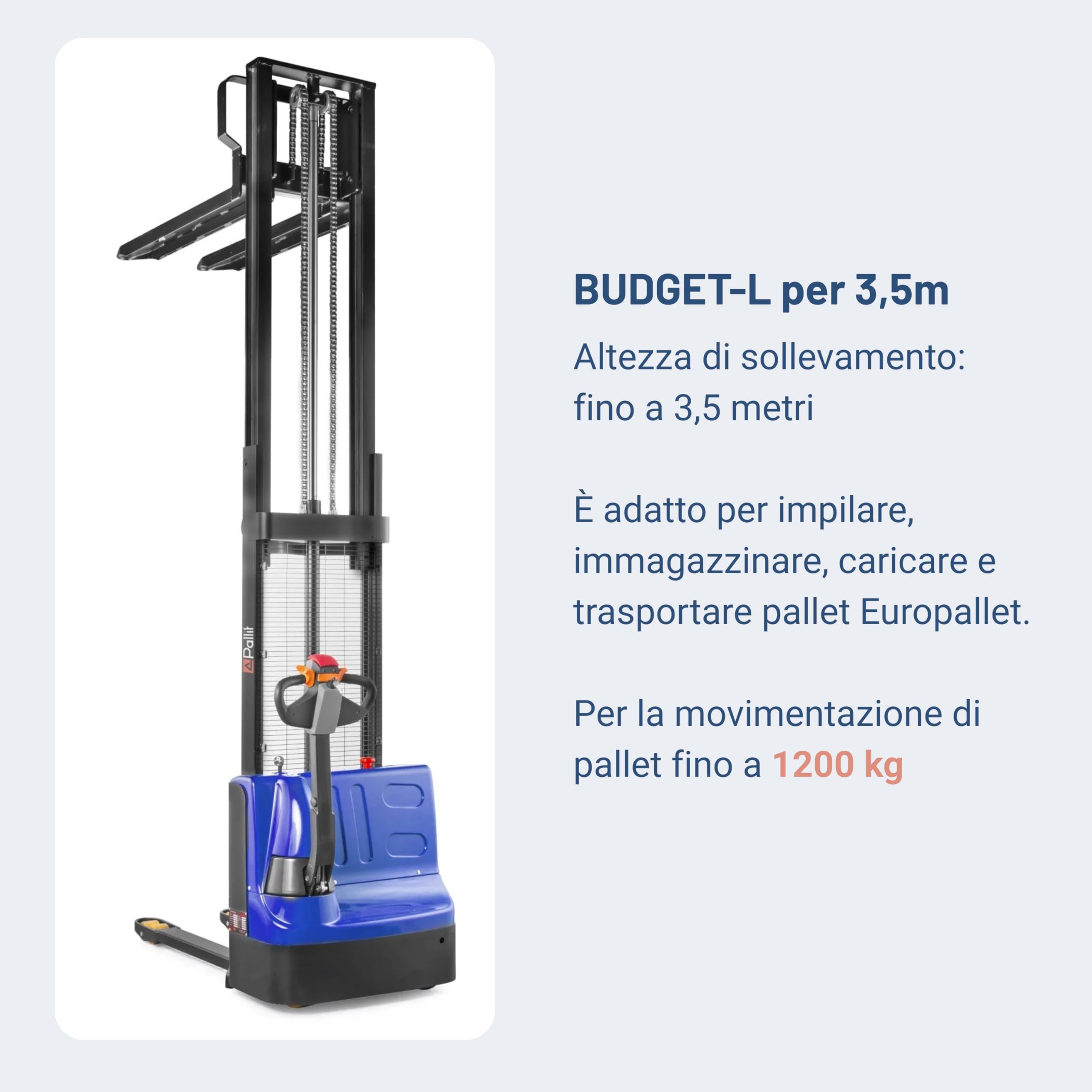 Pallit Carrello elevatore elettrico BUDGET-L | altezza di sollevamento 3500 mm | portata 1200 kg | incl. 2 batterie
