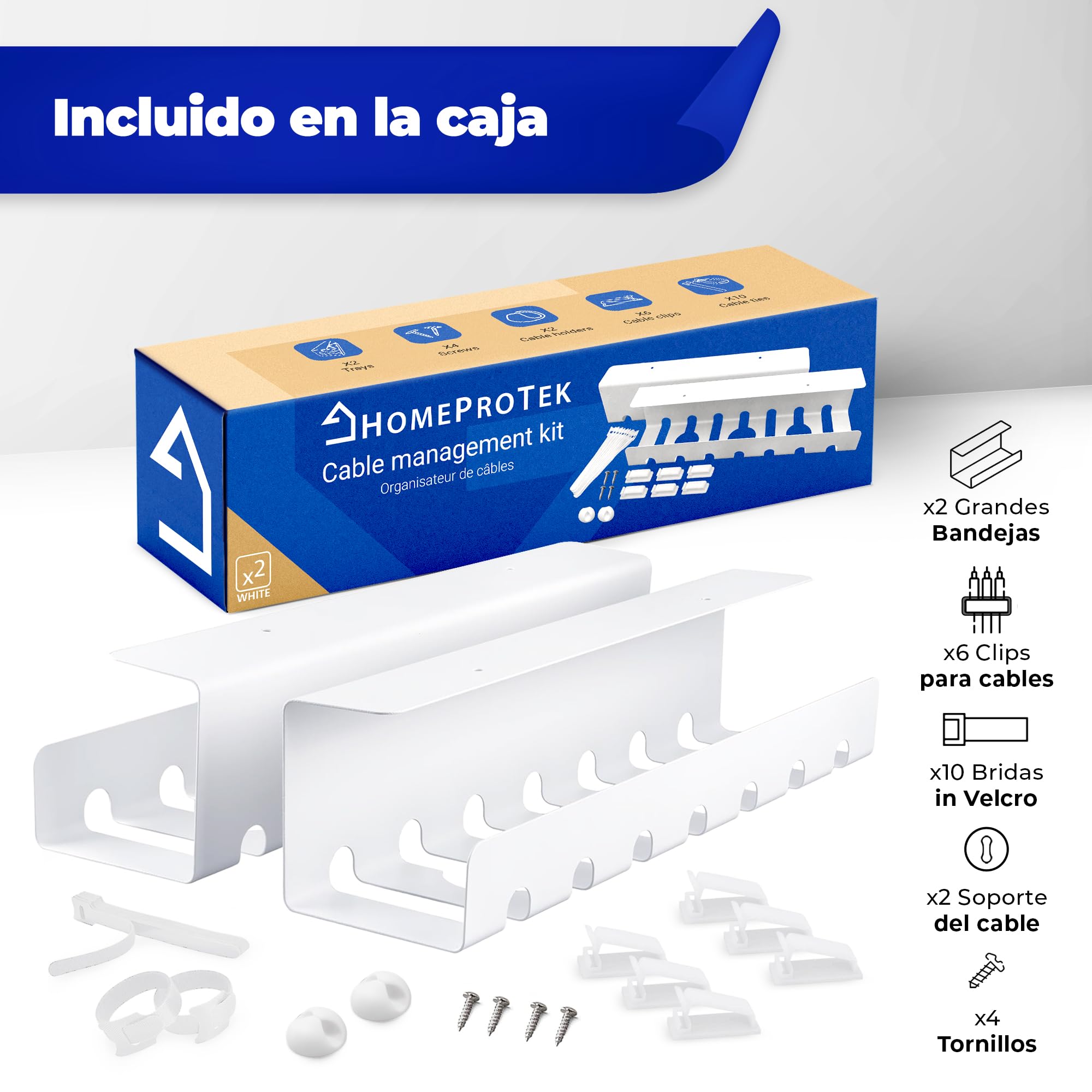 HOMEPROTEK Organizador Cables Escritorio para Organiza Cables - x2 Bandeja Cables Escritorio Blanco para Esconder Cables en tu Oficina o en tu Casa - Cable Organizer for Desk Cable Management