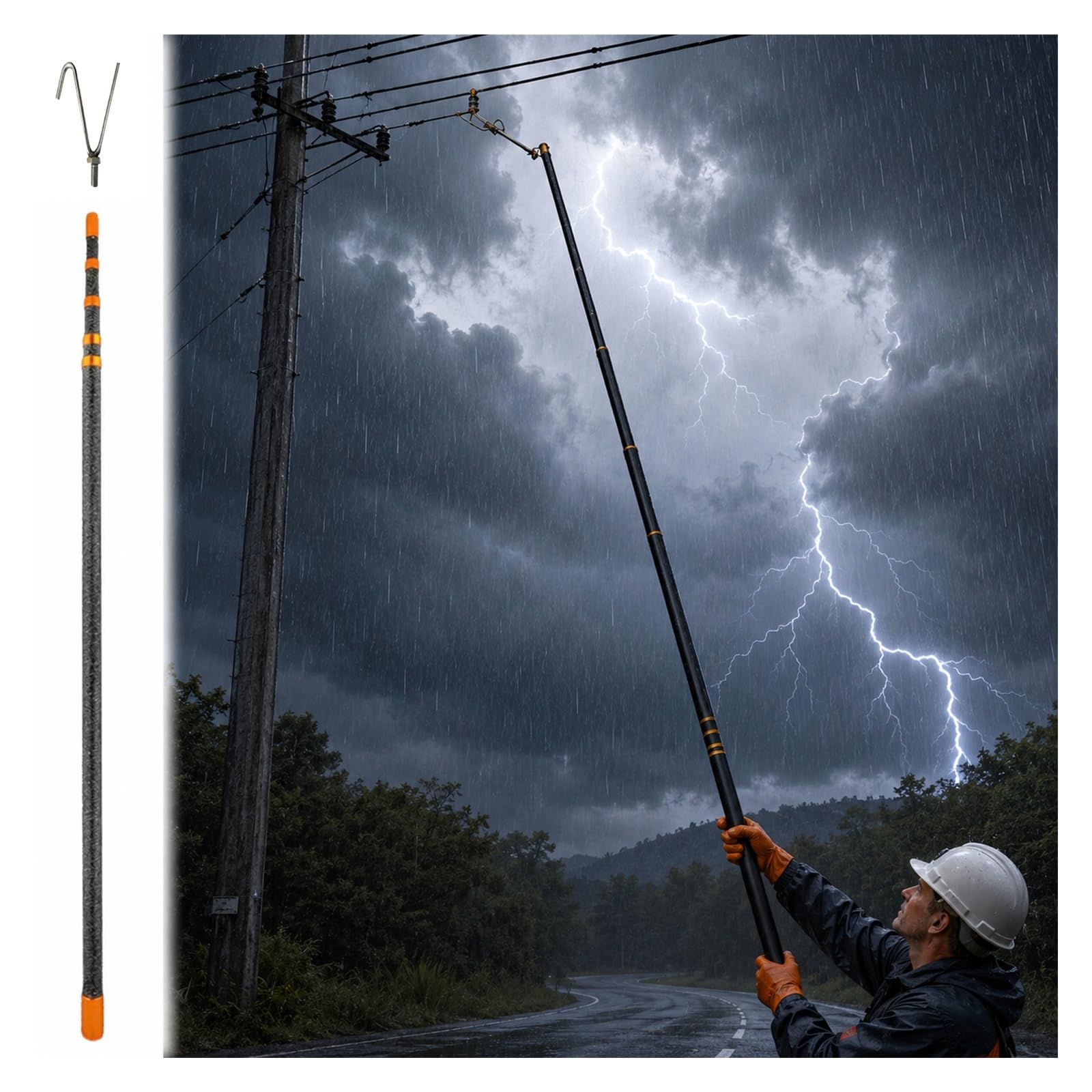 MZZKFC 45KV High Voltage Insulated Telescopic Pole，6-30ft Adjustable Rod for Power Line Inspection，Insulated Fiber Optic Cable Hanging Apparatu with Hookhead(E head,Max-315 in(8m))