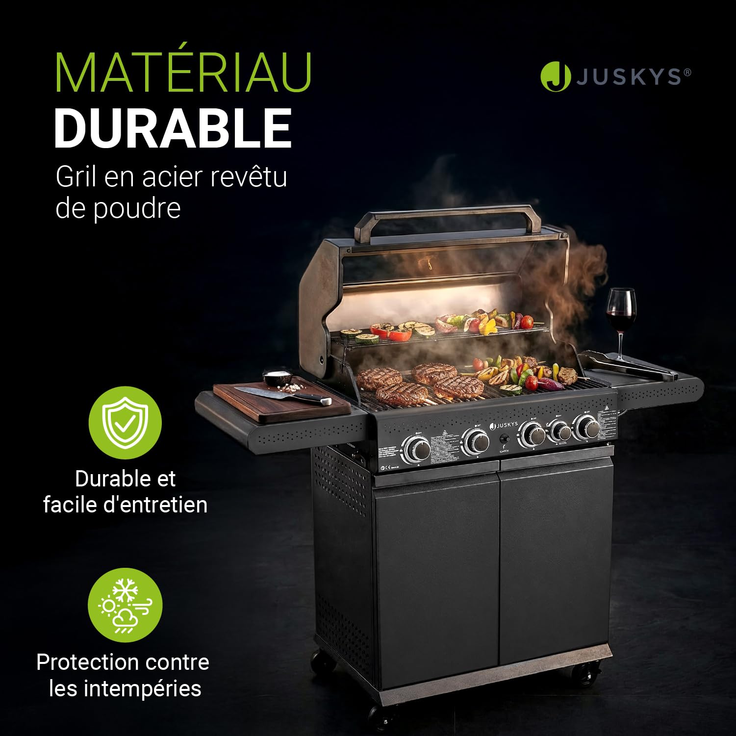 Juskys Barbecue à gaz Savannah - 4 brûleurs et 1 brûleur latéral - XXL en acier avec grille de cuisson en fonte, plaque de cuisson, meuble bas pour bouteille de gaz