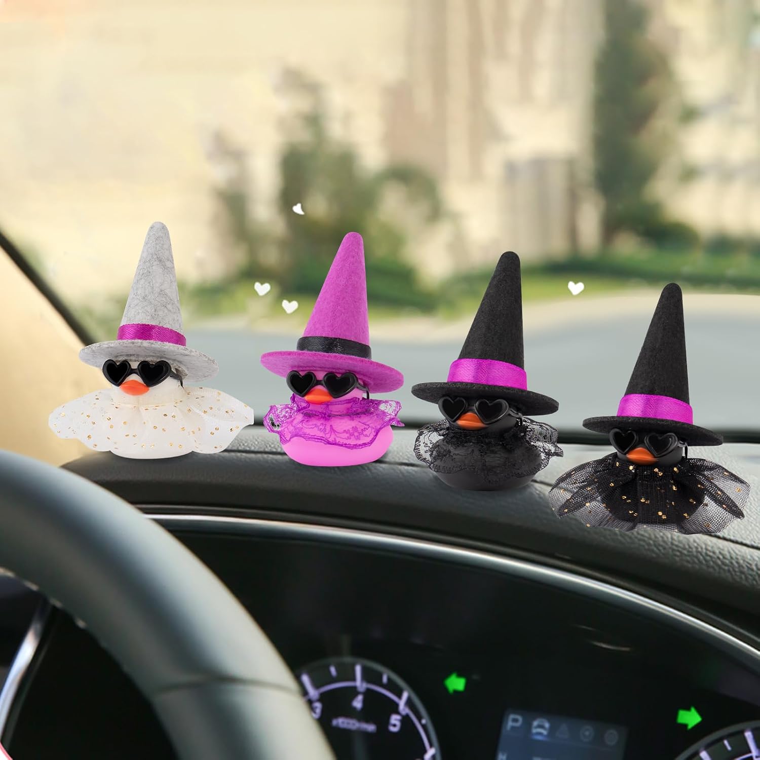 wonuu Car Dashboard Witch Colorful Rubber Ducks for Halloween, Decorations Duck for Office Desk Ornament Accessories with Hat Glasses Skirt, Sequin Skirt White