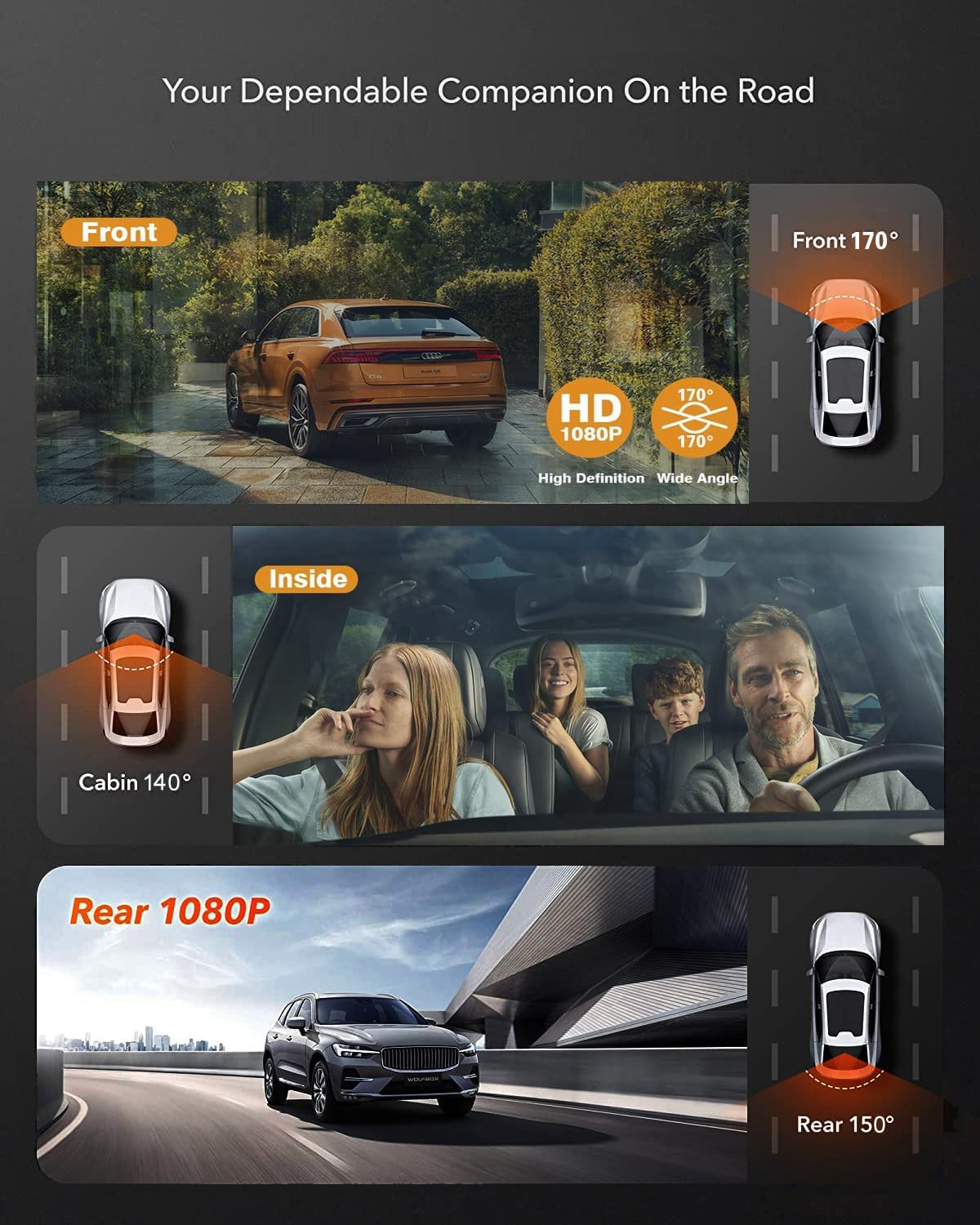 3 Channel Dash Cam, Full UHD Front and Car CameraRear Inside,Car Camera Full HD 170 Deg Wide Angle Dashboard Camera with 64GB Card, 2-Inch Screen,G-Sensor,Loop Recording，Night Vision
