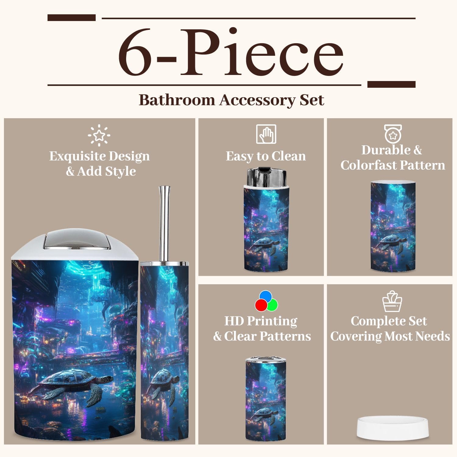 6 Piece Bathroom Accessories Set Robotic Sea Turtle Exploring Ocean Bioluminescent Plants Trash can Toilet Brush Holder Toothbrush Holder Toothbrush Cup Soap Dispenser Soap Dish for Home